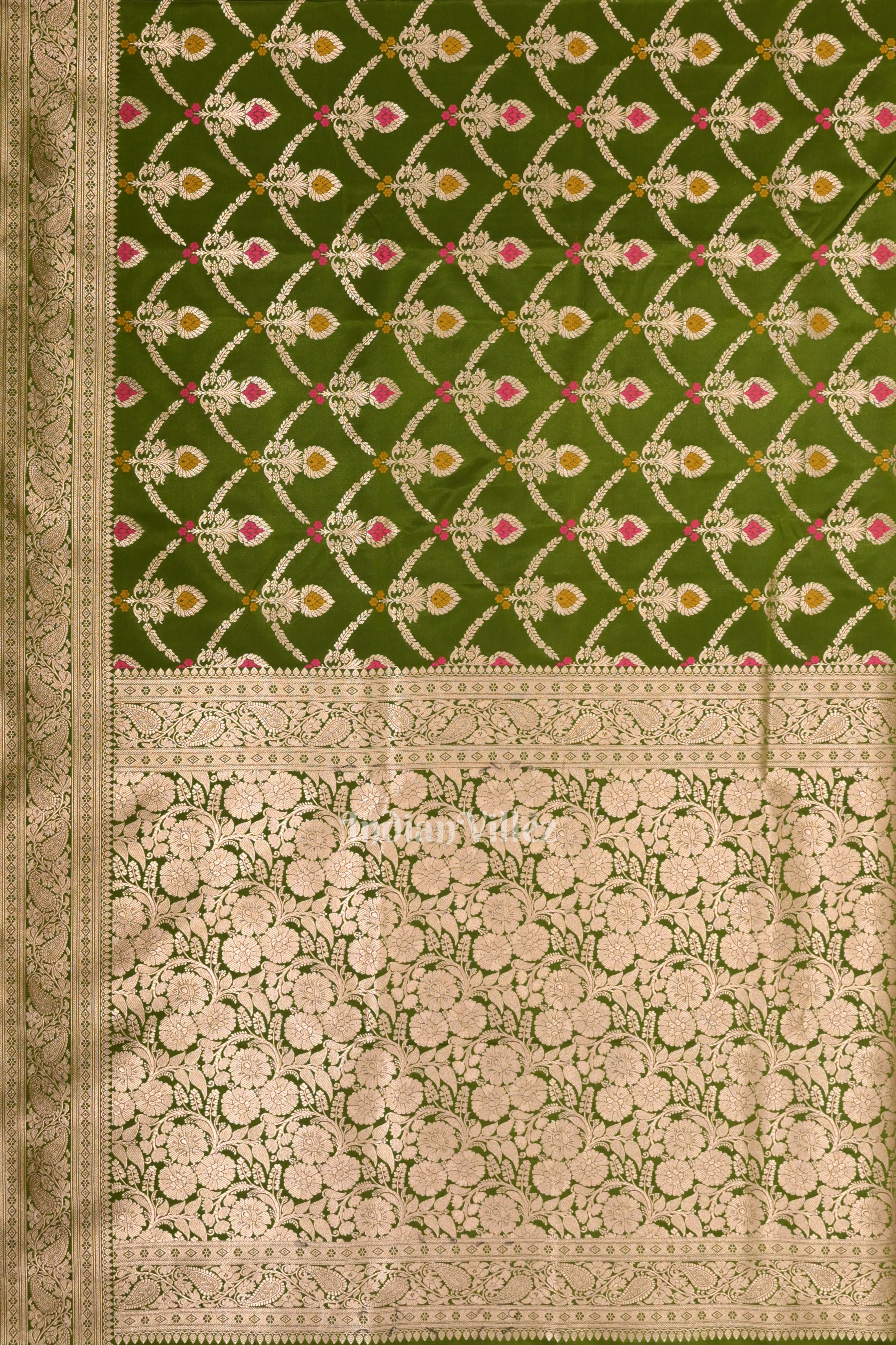 IndianVillèz Mehendi Green Meenakari Pure Mashru Satin Silk Banarasi Saree - view 4