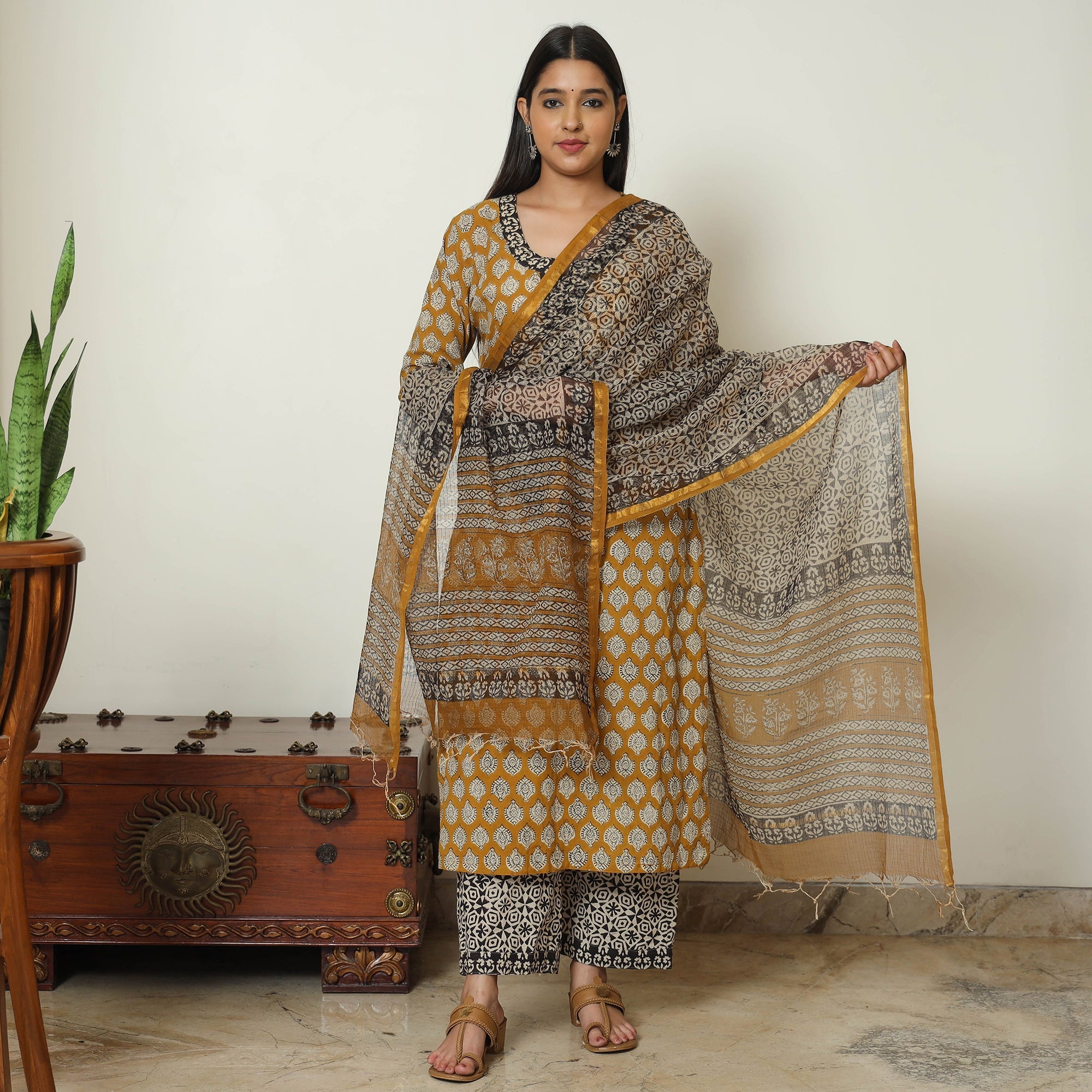 ITOKRI CASUALS Brown - Bagru Block Printed Cotton Kurta with Palazzo & Kota Doria Dupatta Set 11 - view 2