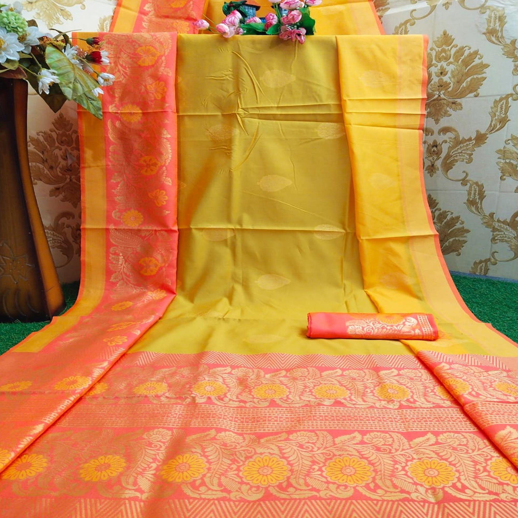 Peachmode Captivating Yellow Colored Festive Wear Woven Heavy Banarasi Silk Saree