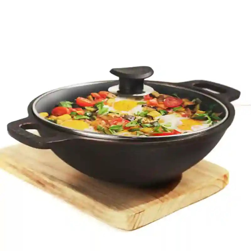 The Indus Valley Super Smooth Cast Iron Kadai (Wok)+ Glass Lid, Pre-seasoned, Nonstick, 100% Pure,Toxin-free, 25.4cm, 2.5L, 2.4kg