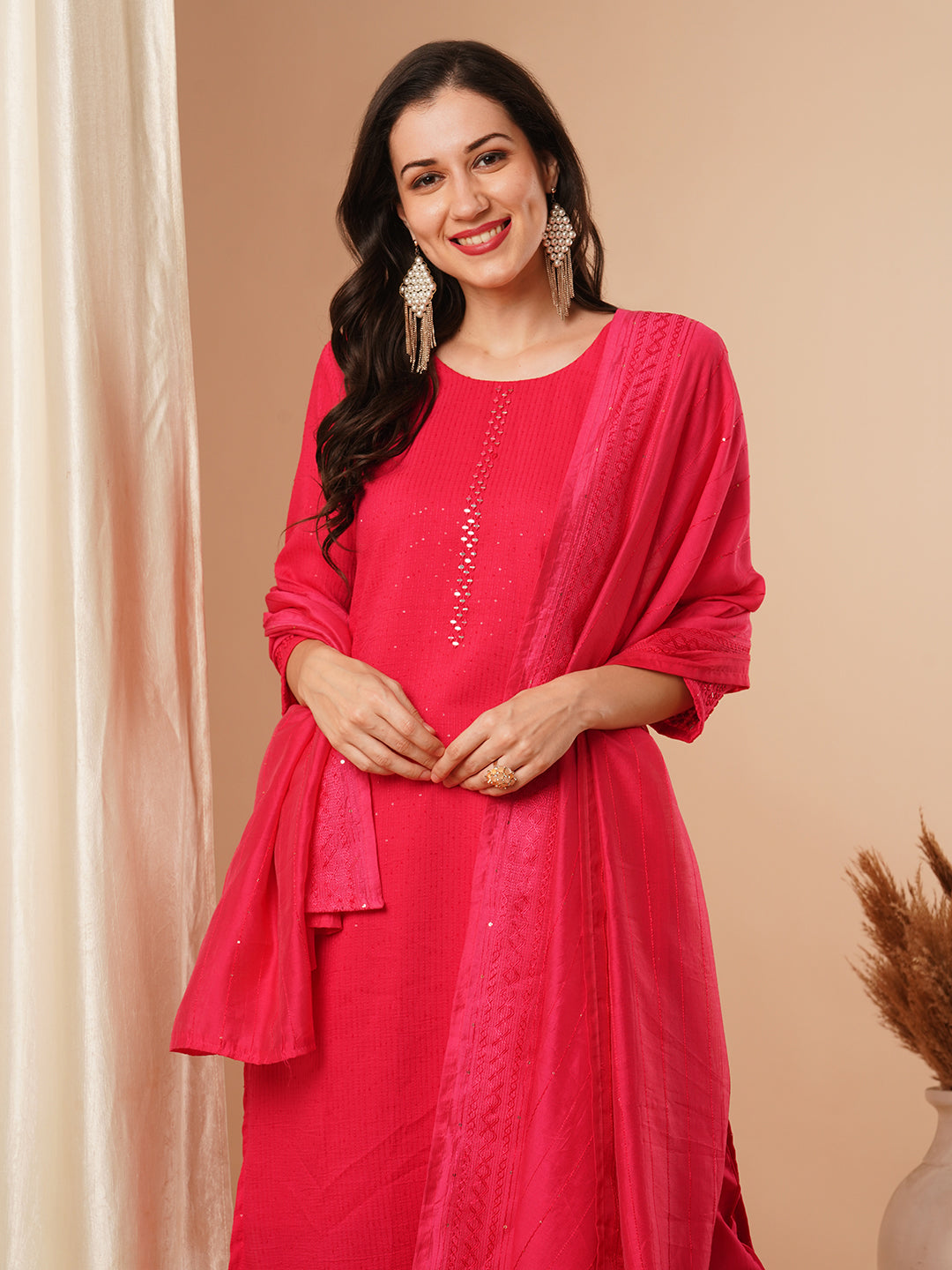 FASHOR Solid Mirror Embroidered Straight Fit Kurta with Pant & Dupatta - Pink - view 2