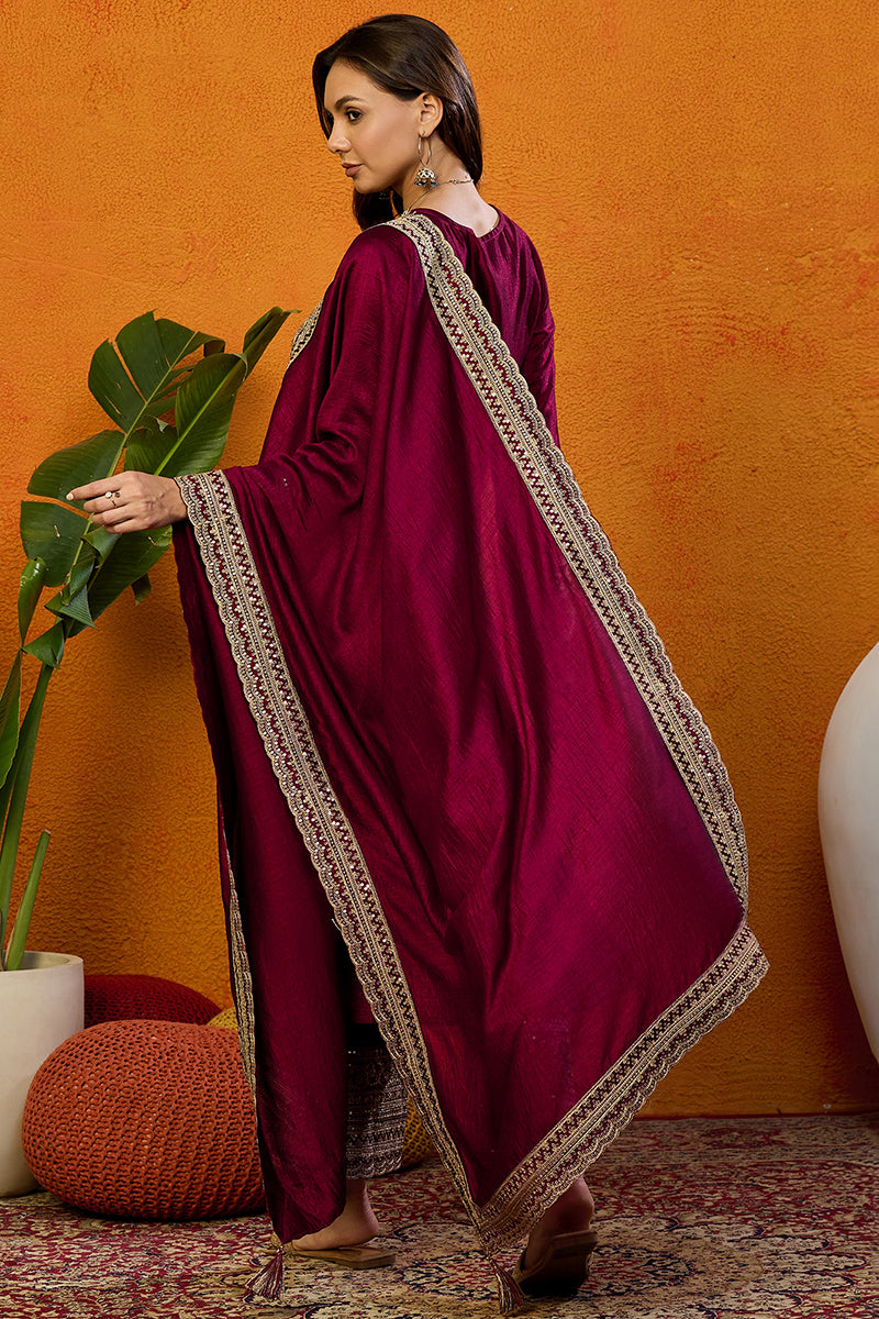 Ahika Maroon Silk Blend Solid Embroidered Straight Suit Set PKSKD2442 - view 5