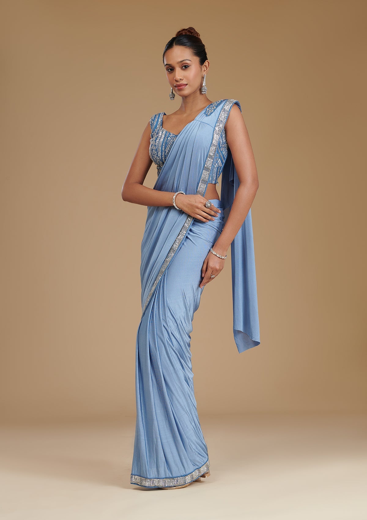 Koskii Grey Sequins Satin Readymade Saree – Women's - view 5