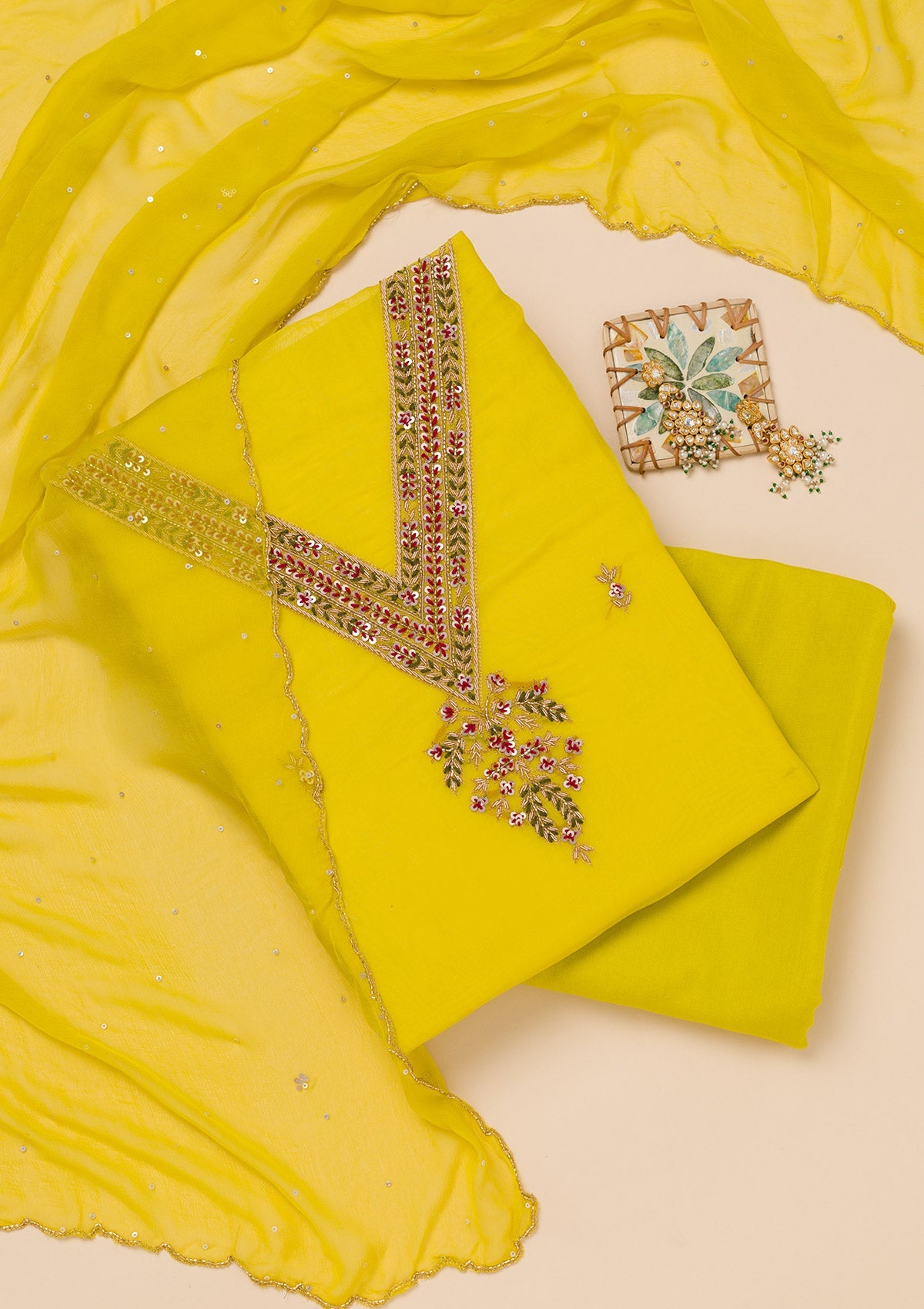 Koskii Yellow Threadwork Tissue Unstitched Salwar Suit