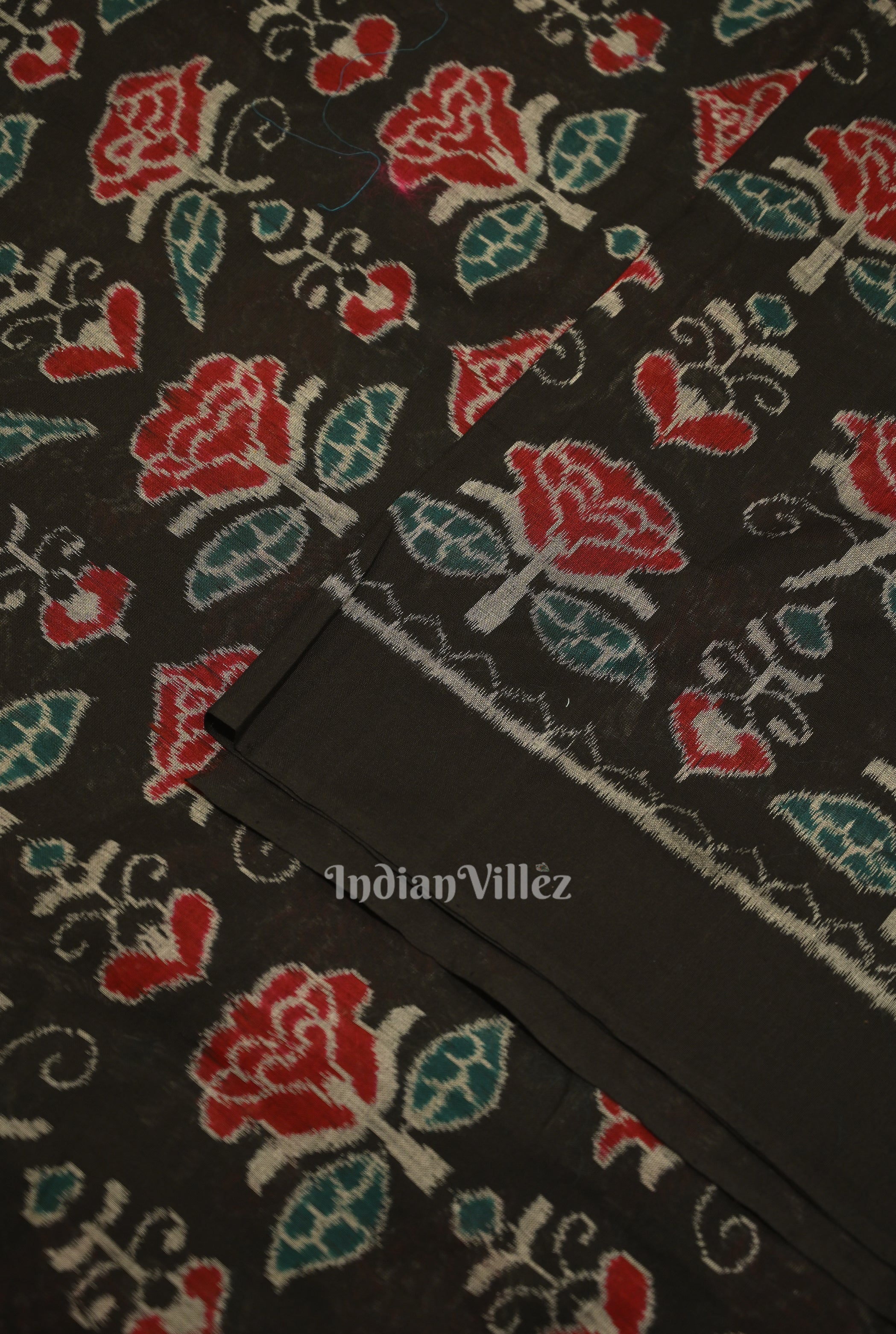 IndianVillèz Black Rose Flower Motif Sambalpuri Ikat Cotton Fabric - view 2