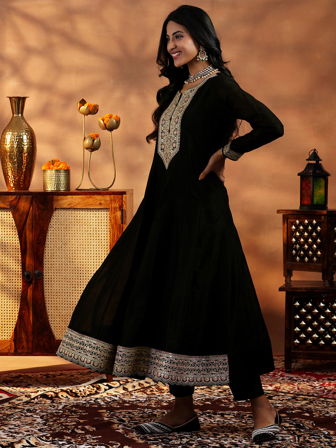 Libas Black Yoke Design Silk Blend A-Line Kurta With Trousers & Dupatta - view 2