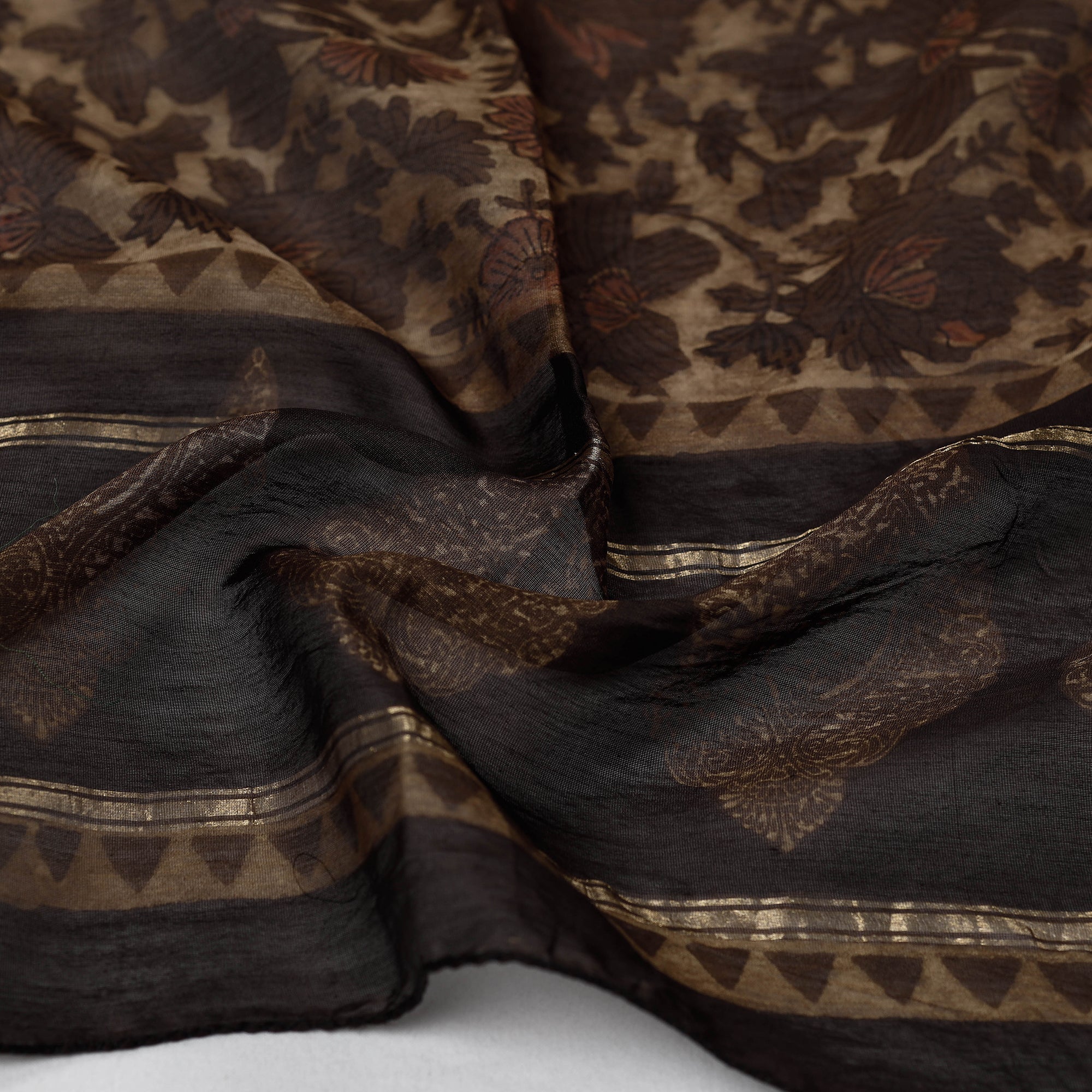BAGRU DABU PRINTS Brown - Bagru Block Printed Chanderi Silk Handloom Stole with Zari Border - view 3