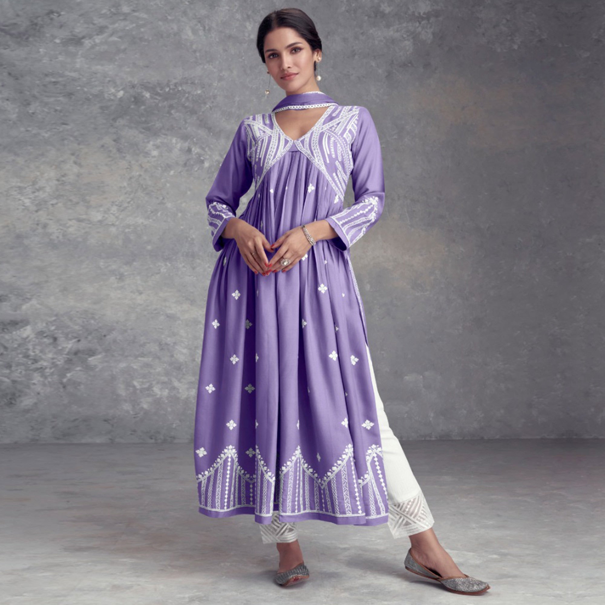 Peachmode Light Purple Lucknowi Embroidered Rayon Naira Cut Suit - view 2