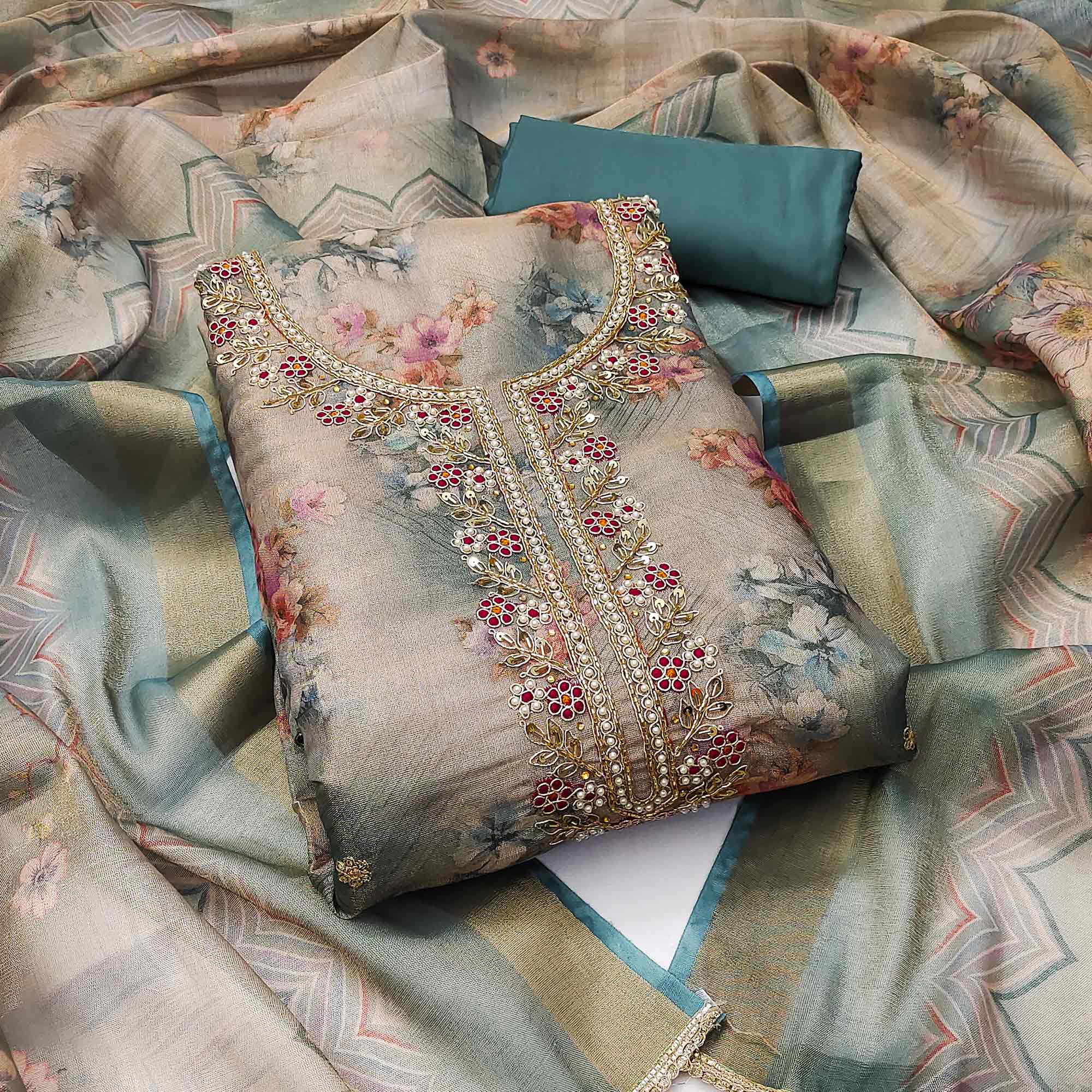 Peachmode Morpich Floral Digital Printed With Handwork Viscose Dress Material