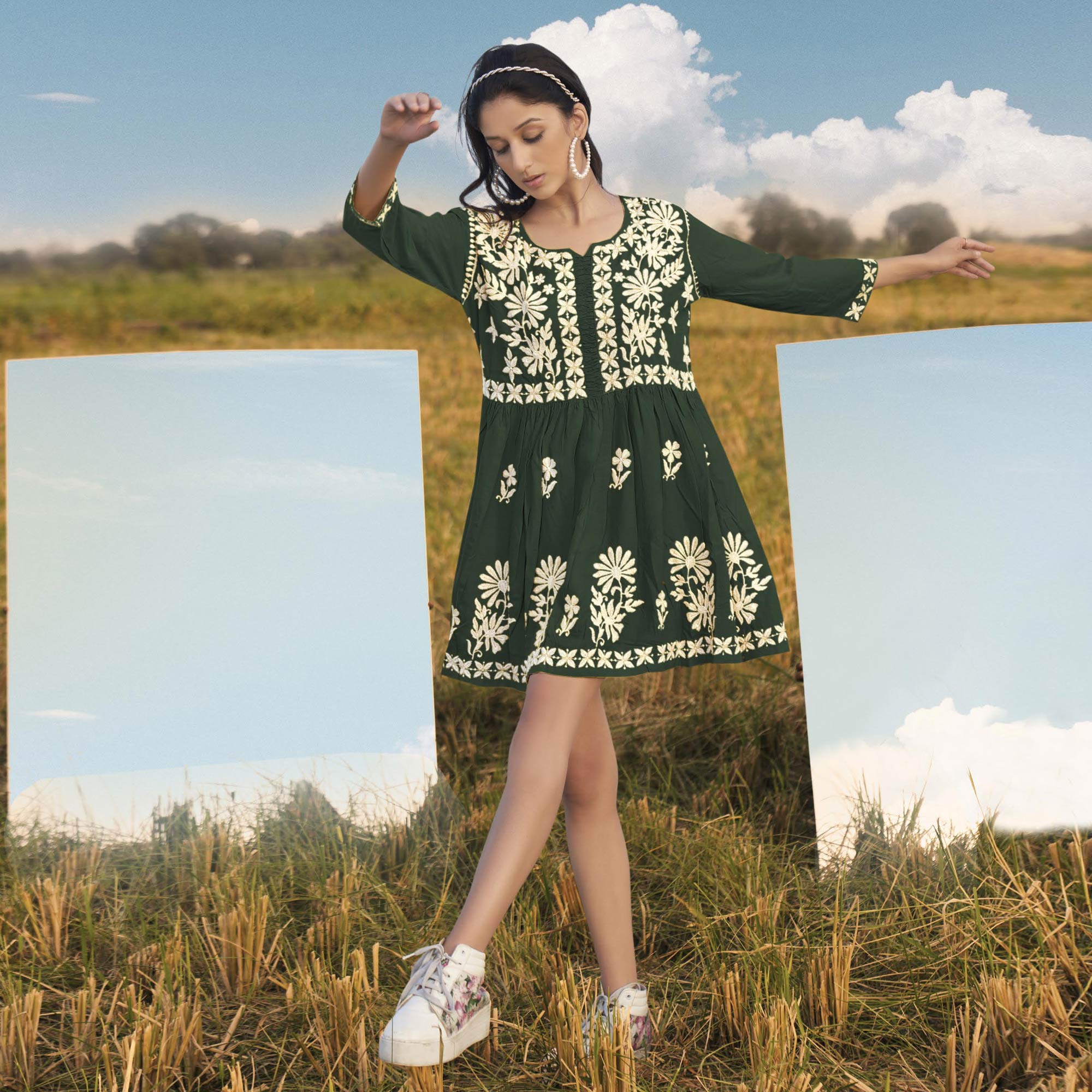 BlackTree green-floral-embroidered-rayon-tunic - view 2
