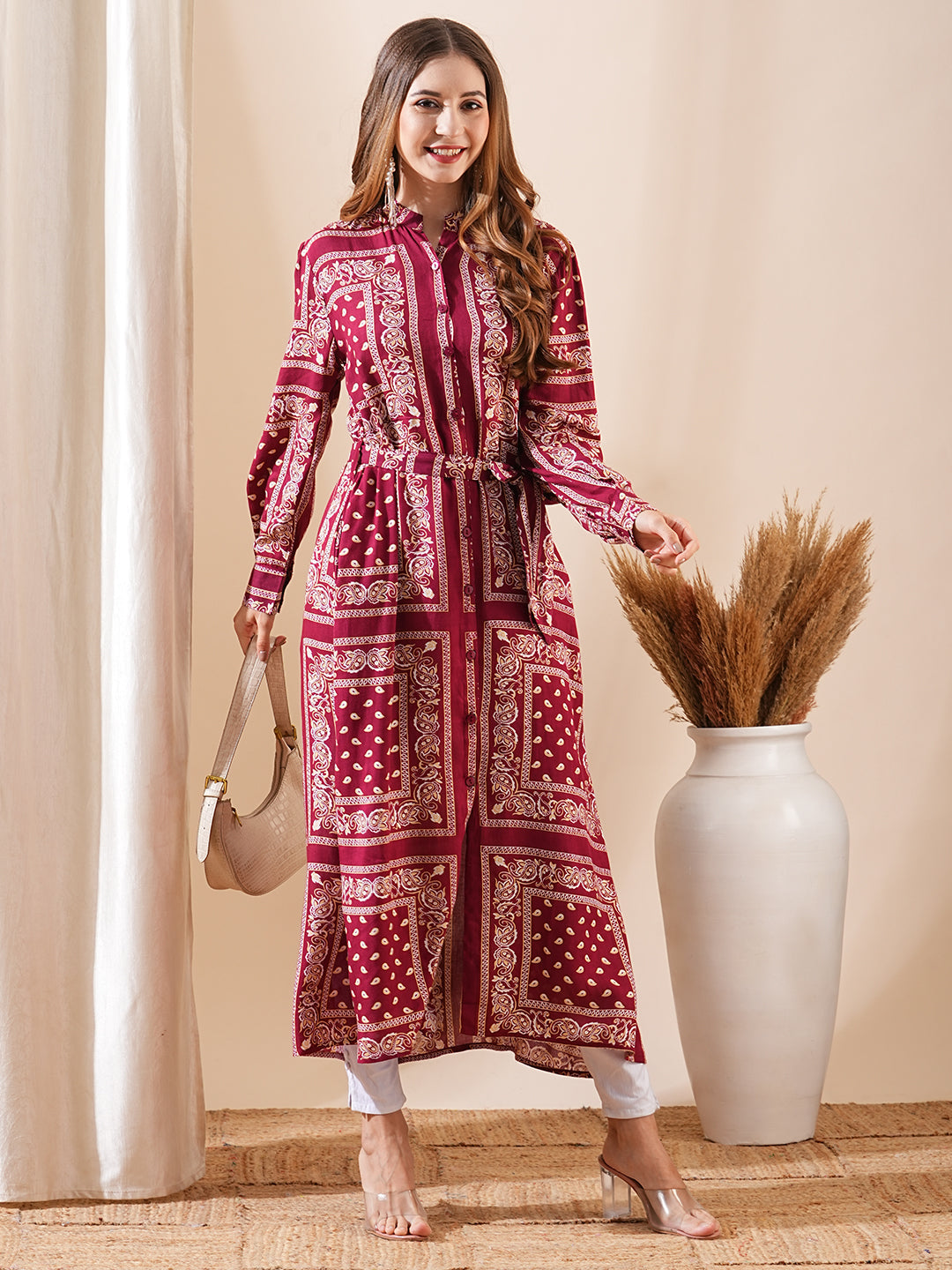 Fashor Ethnic Floral Printed Straight Fit Kurta with Tie Ups - Maroon