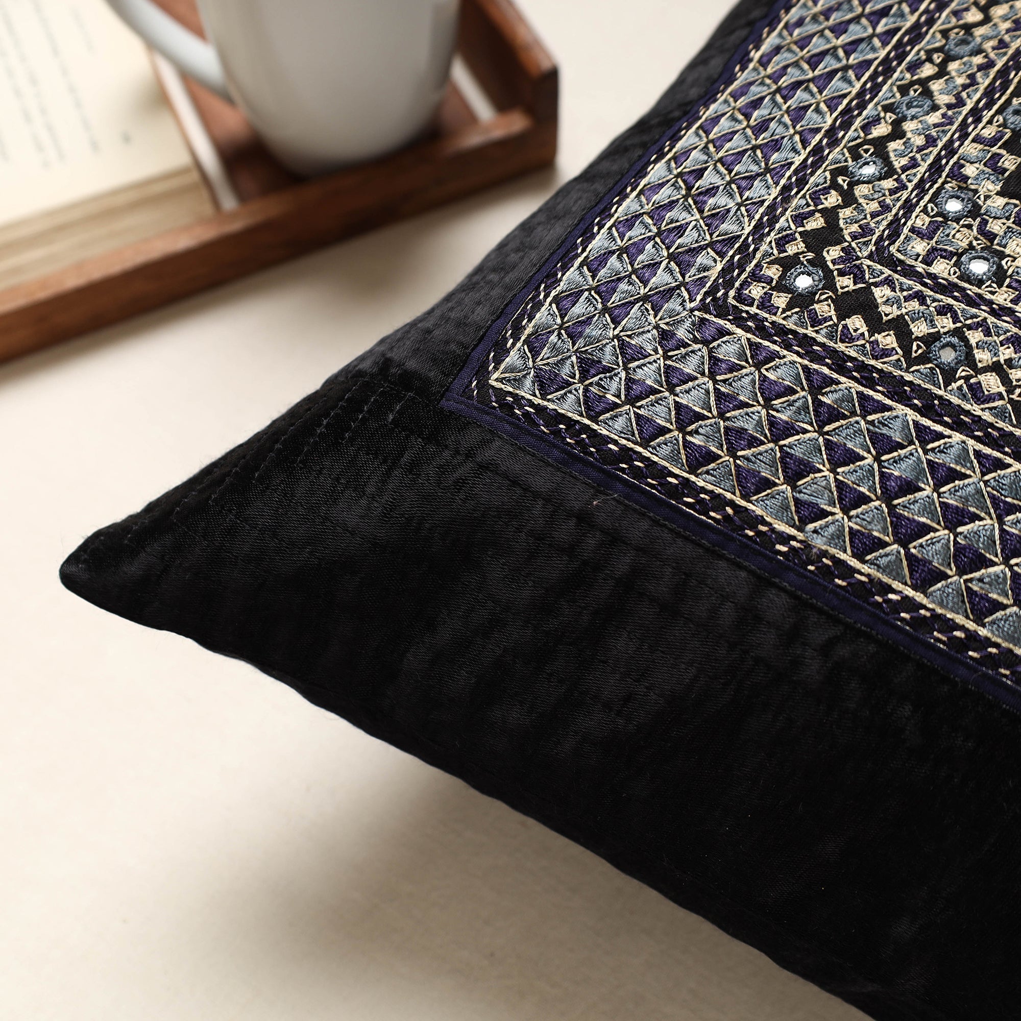 QASAB Black - Kutch Neran Hand Embroidery Mashru Silk Cushion Cover (16 x 16 in) - view 2