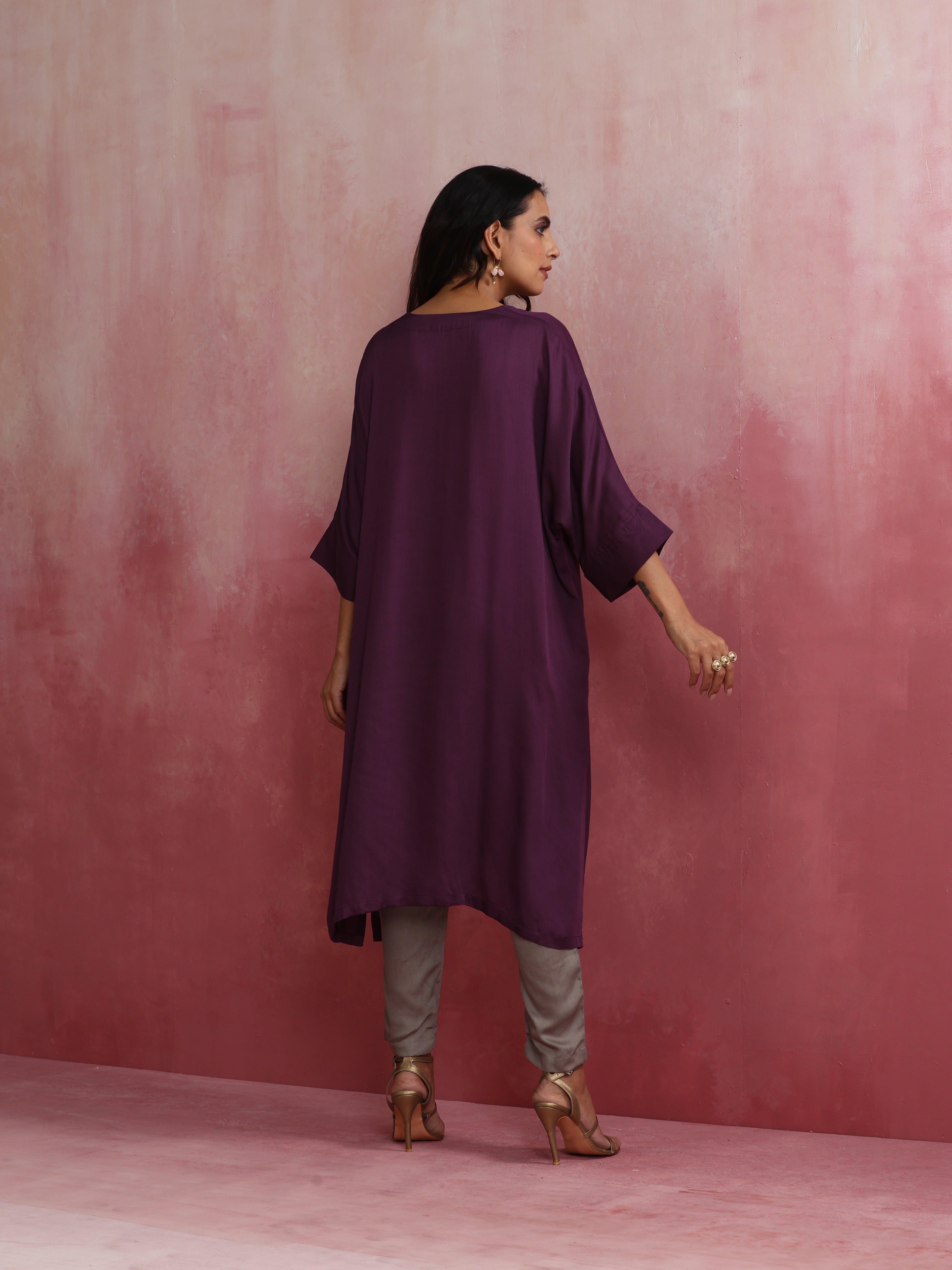 trueBrowns Purple Modal Kimono Kurta Set - view 7