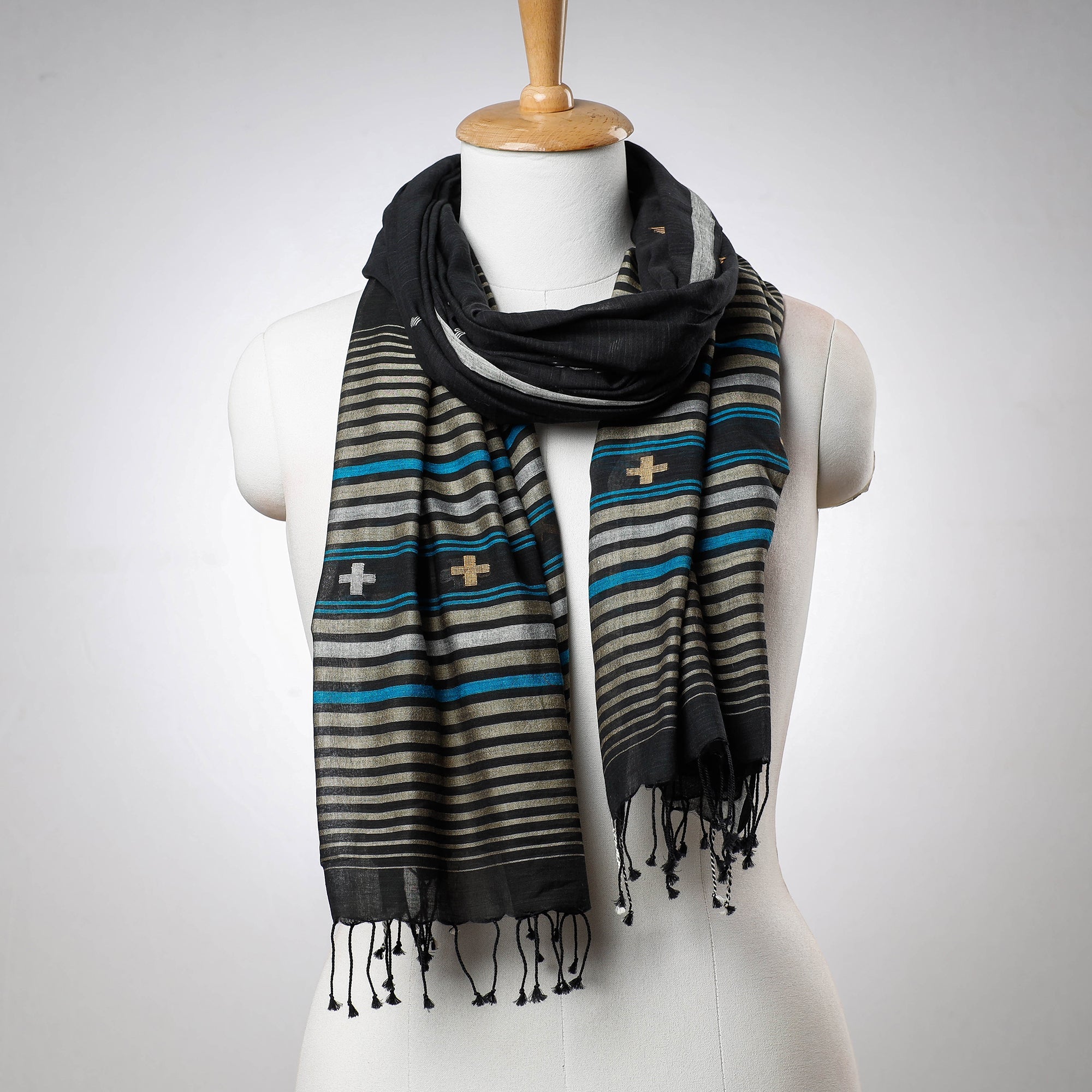 SASHA Black - Phulia Bengal Handloom Cotton Stole with Tassels
