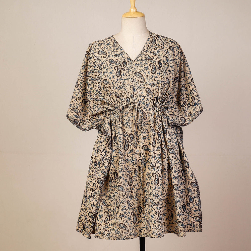 CHUTNEY CRAFT STUDIO Beige - Block Print Cotton Kalamkari Kaftan with Tie-Up Waist (Medium)