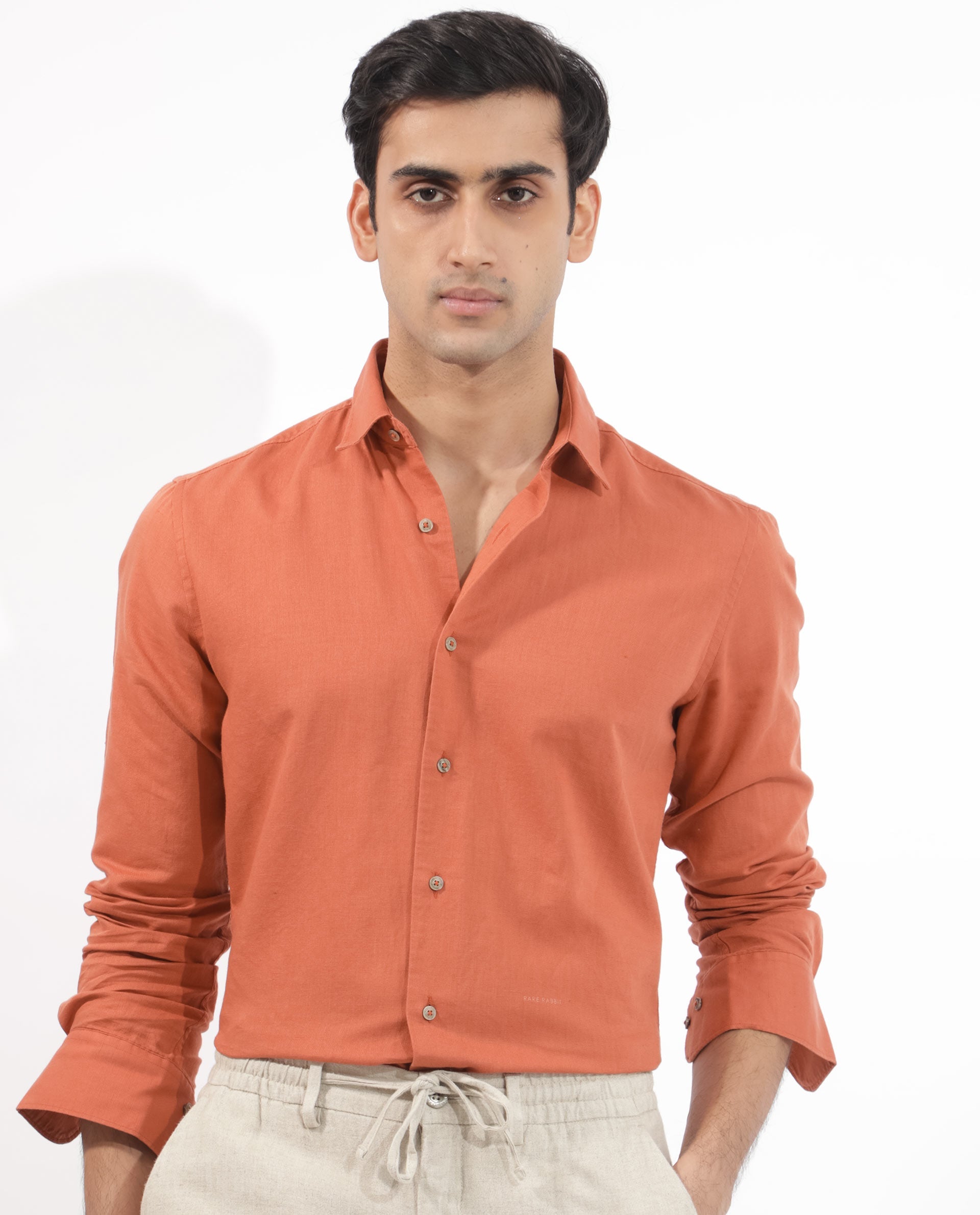 Rare Rabbit Men's Linux Orange Cotton Linen Fabric Full Sleeves Regular Fit Solid Shirt