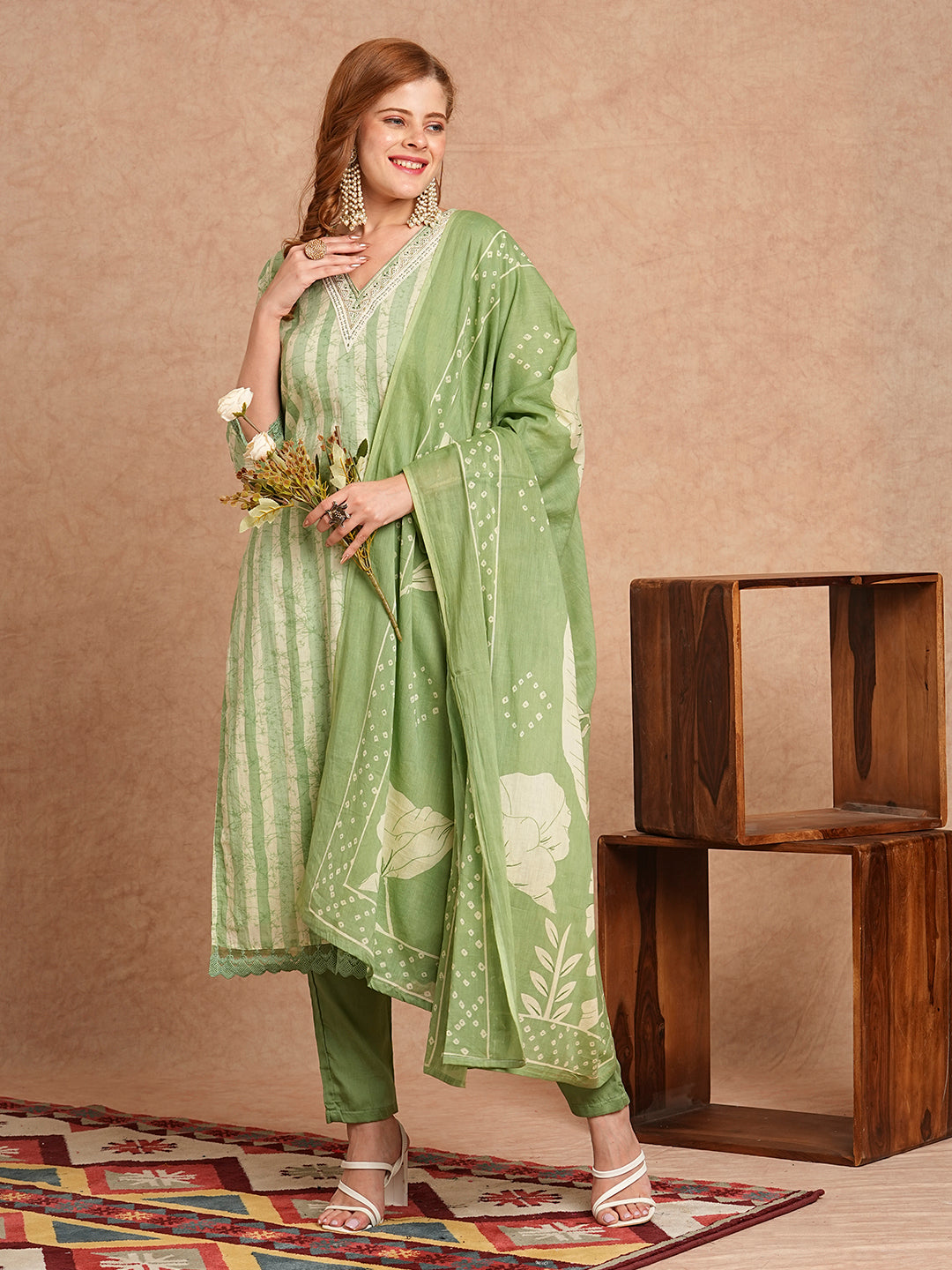 FASHOR Stripes Printed & Embroidered Kurta with Pant & Pure Cotton Dupatta - Green - view 2