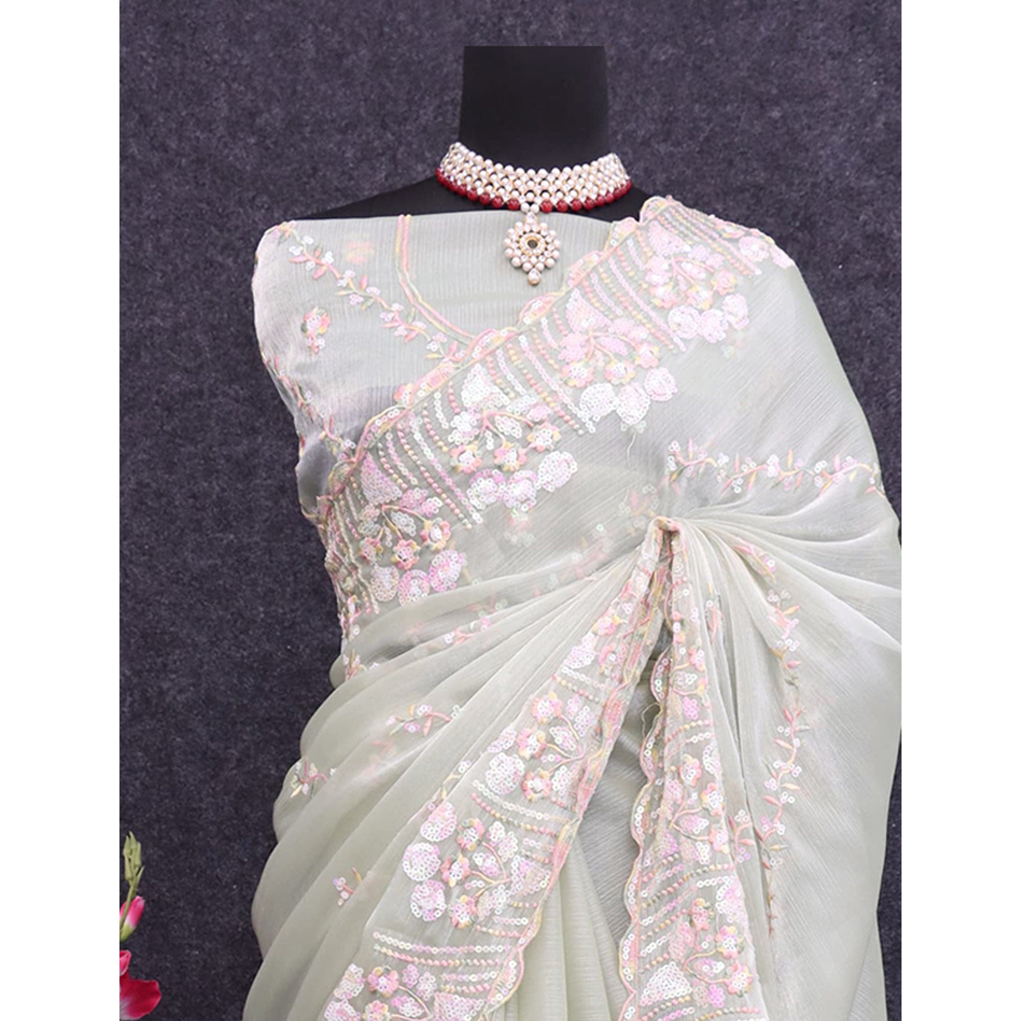 Peachmode Light Pista Green Sequins Embroidered Chiffon Saree - view 5