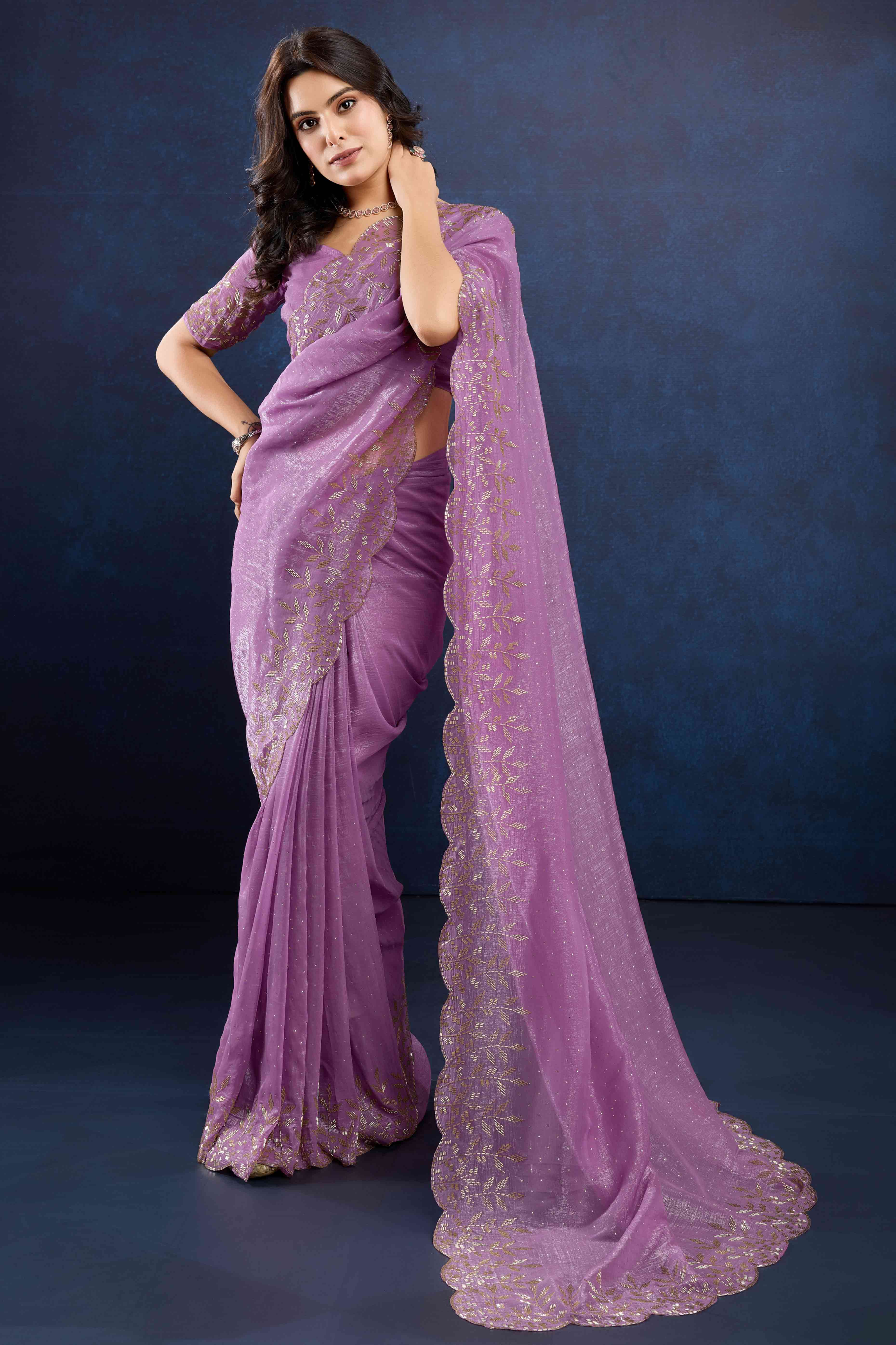 Peachmode Lavender Floral Handwork Crush Silk Fancy Fabric Saree