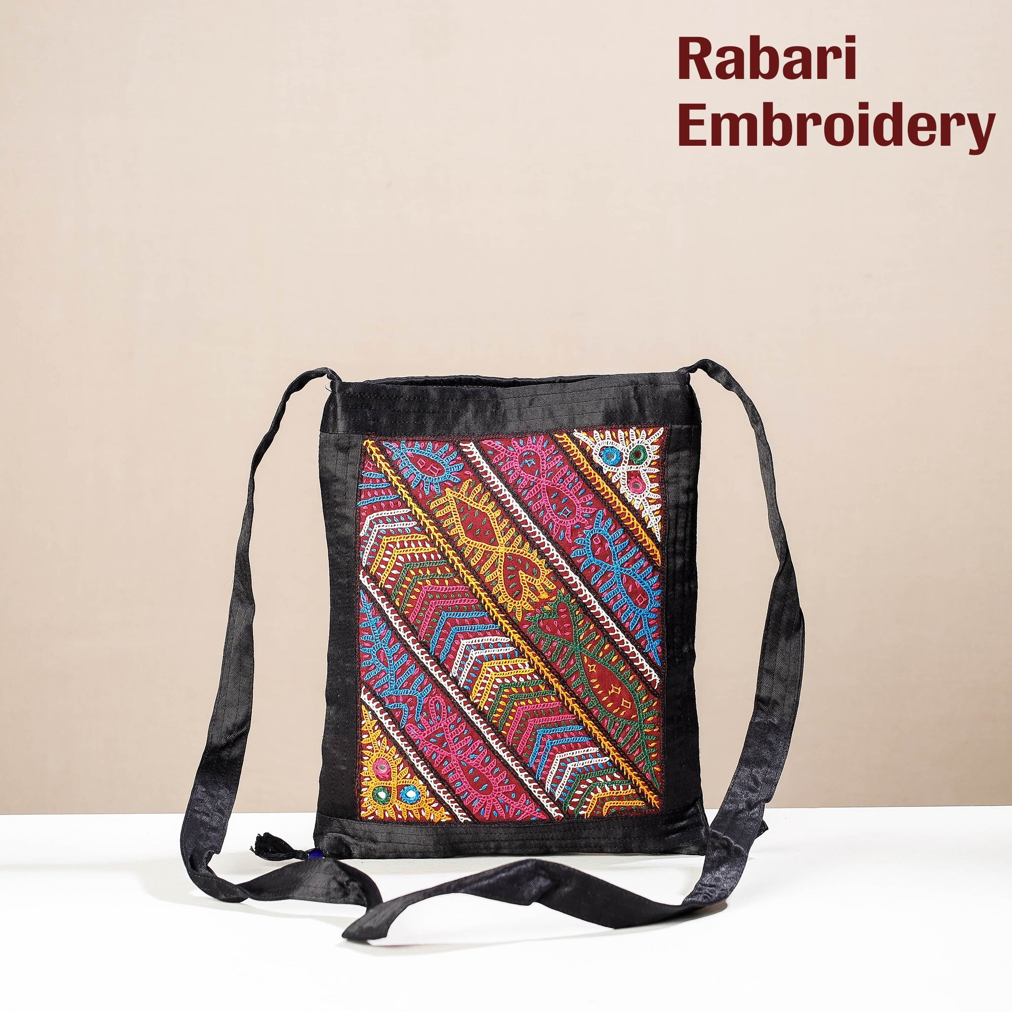 KACHCHH JI CHHAAP Black - Kutch Rabari Hand Embroidery Mashru Silk Sling Bag