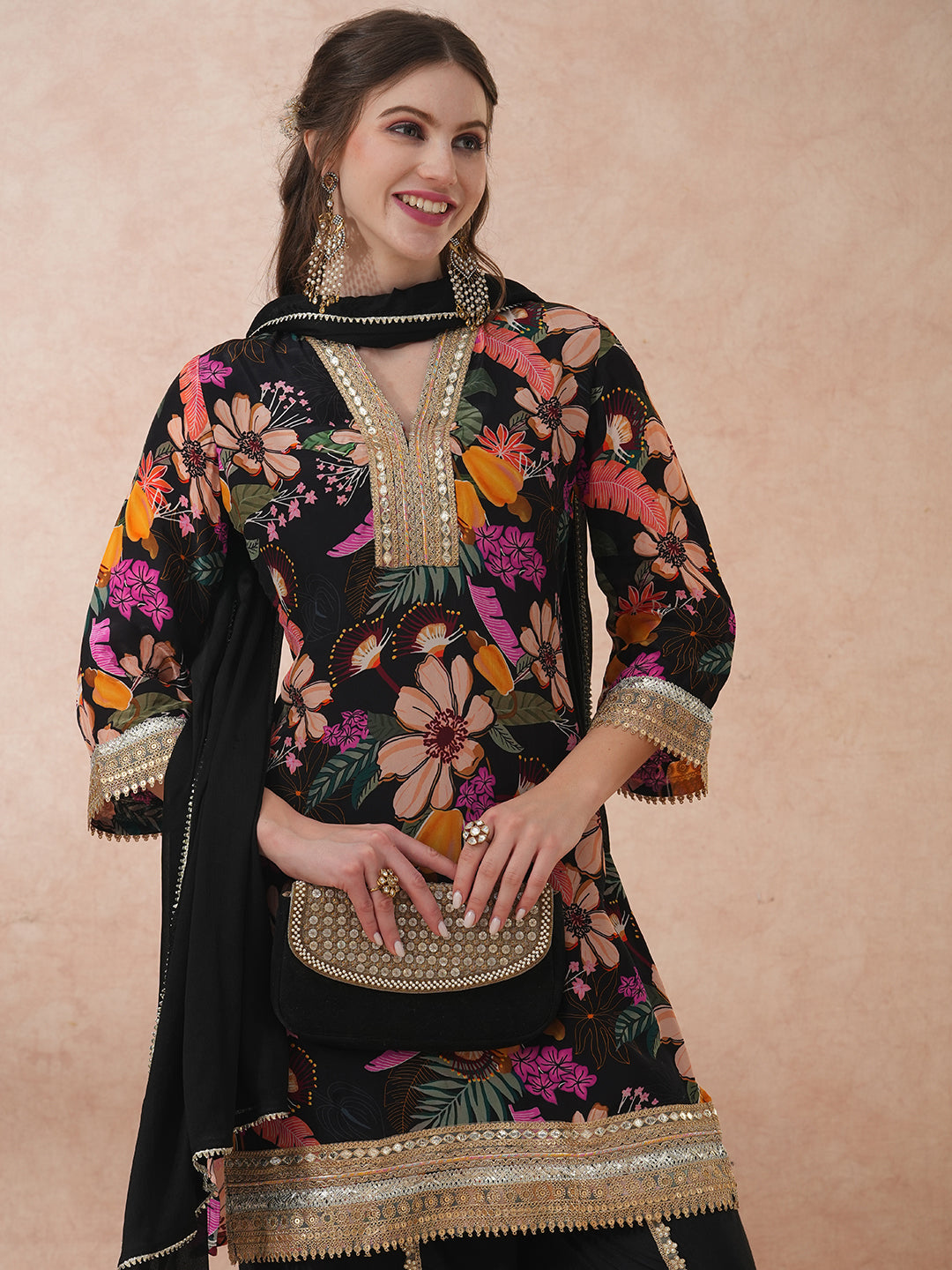 FASHOR Abstract Floral Printed & Hand Embroidered A-Line Kurta with Pant & Dupatta - Black - view 2