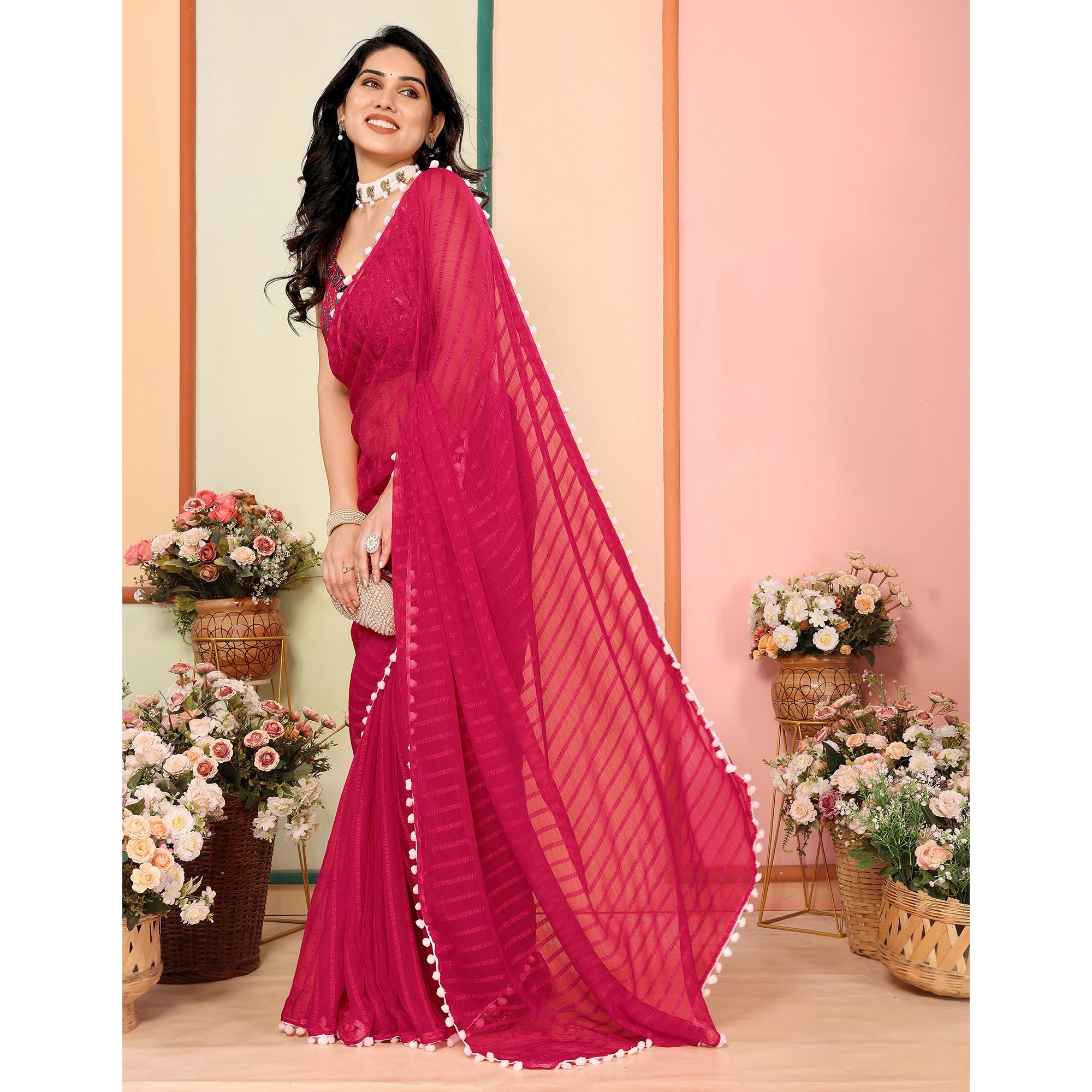 Peachmode Pink Woven Striped Pattern Georgette Saree - view 4