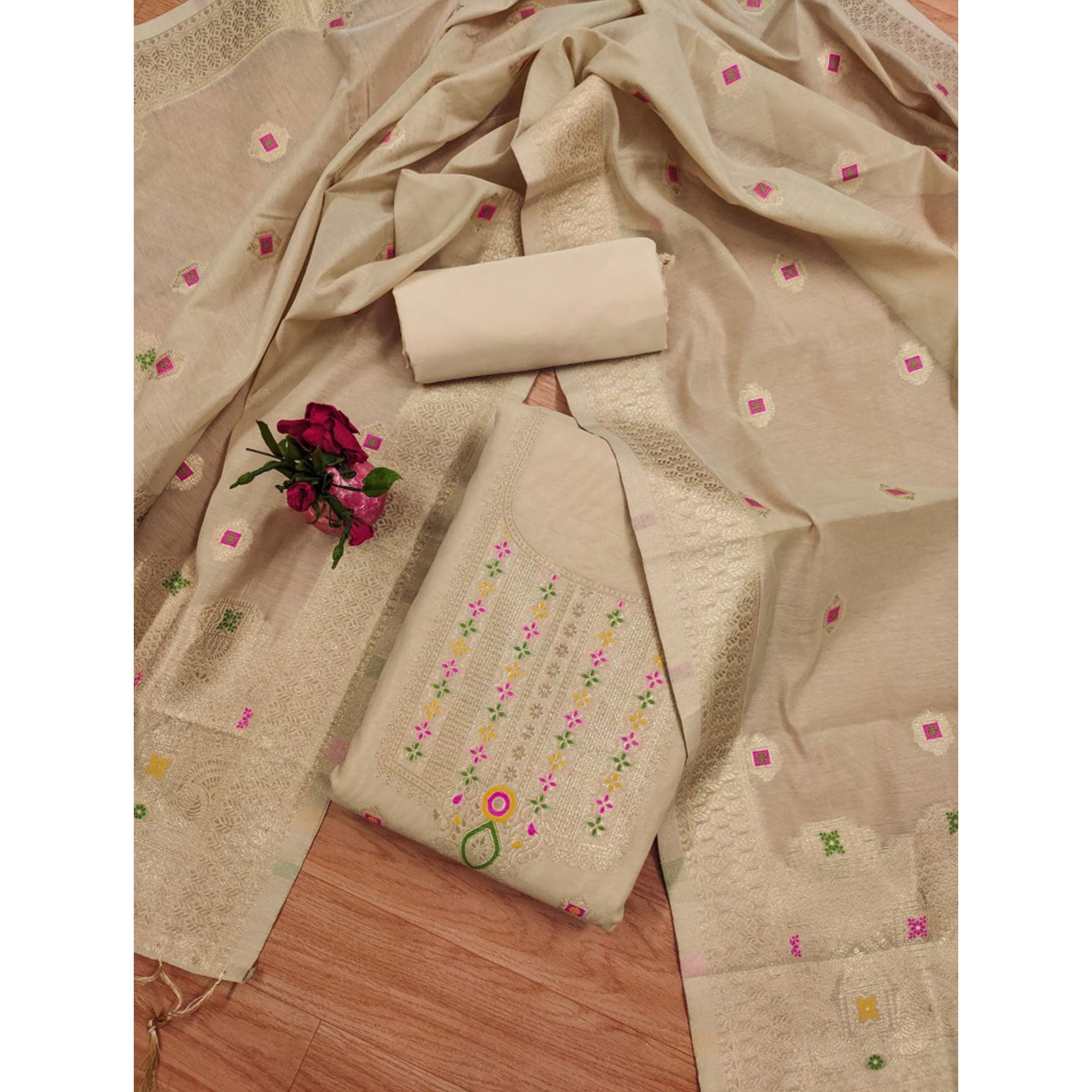 Peachmode Chikoo Floral Woven Chanderi Dress Material - view 3