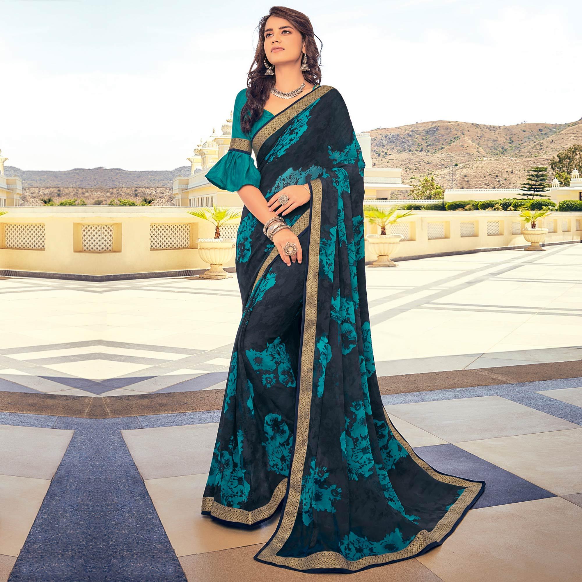 Peachmode Dark Blue Casual Wear Printed Georgette Saree With Border