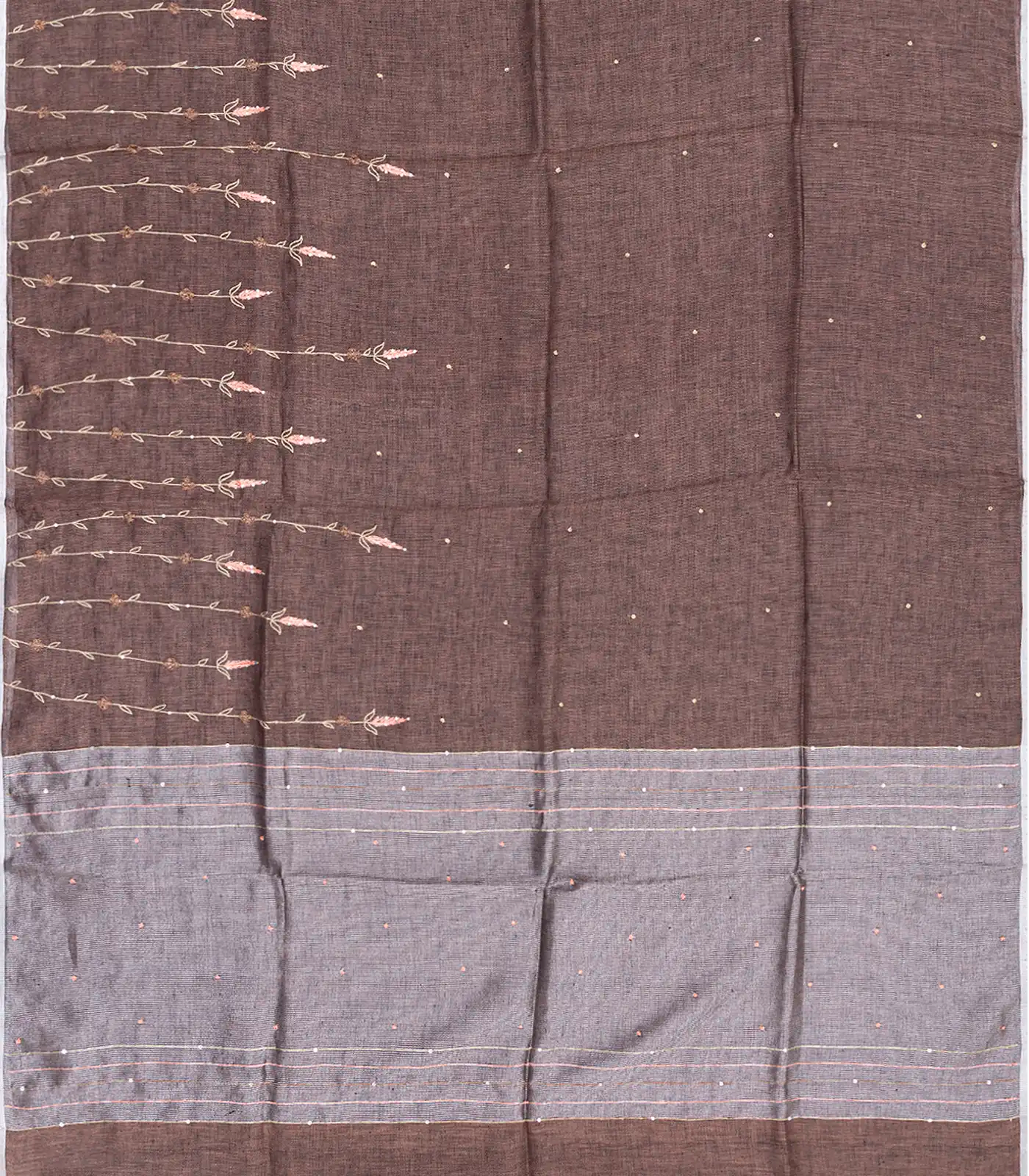 RmKV Brown Handloom Linen Saree With Floral Vine Embroidery-Brown - view 2