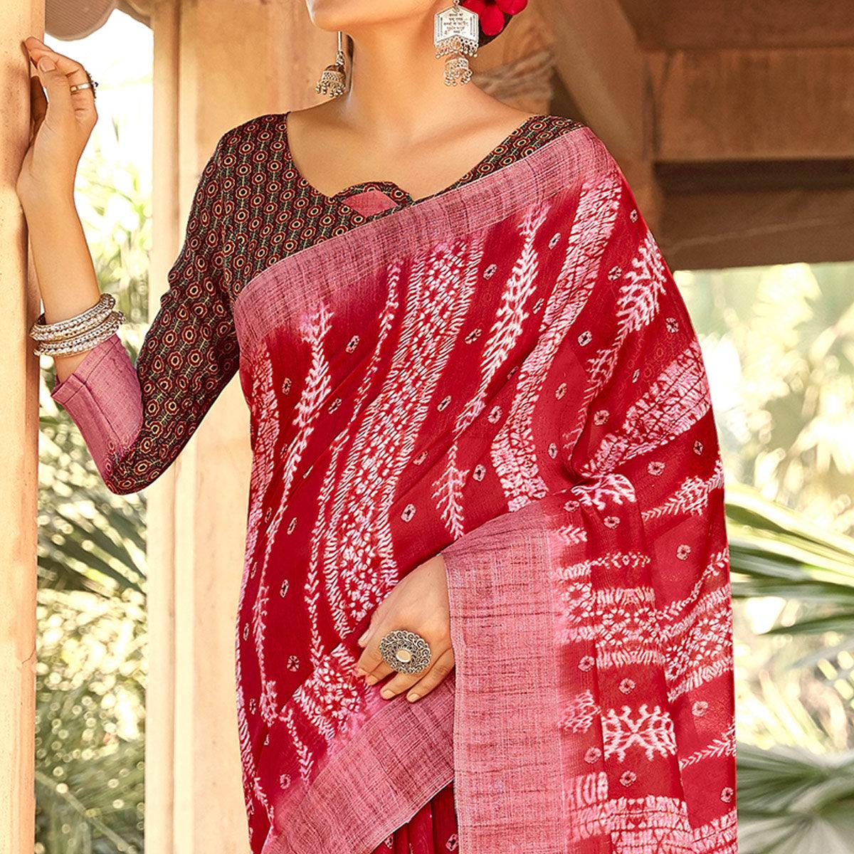 Peachmode Intricate Red Colored Digital Printed Festive Wear Linen Designer Saree - view 2