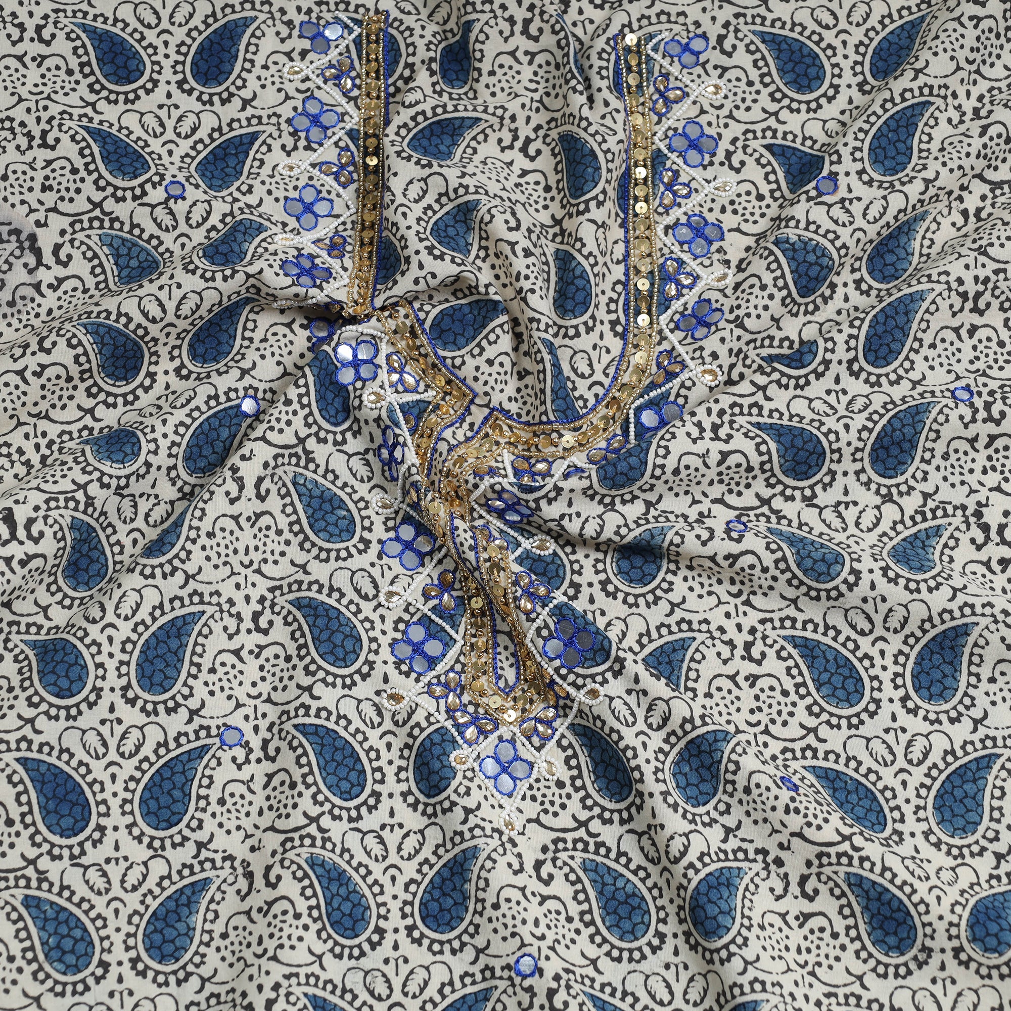 NOORI BAZAR Beige - Bead Work Embroidery Kalamkari Block Printed Cotton Kurta Material - 2.6 meter - view 2