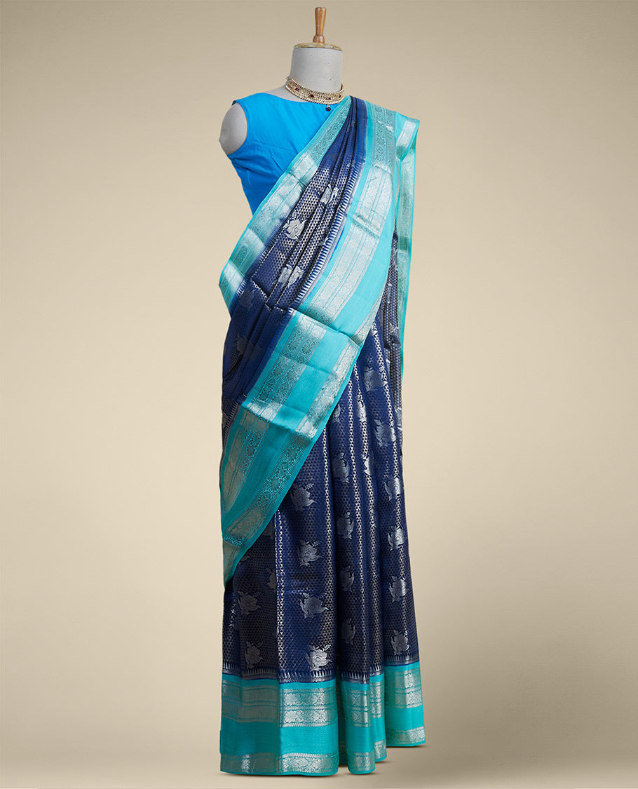 Pothys Blue checked with floral motifs dupion silk saree with traditional zari border - view 2
