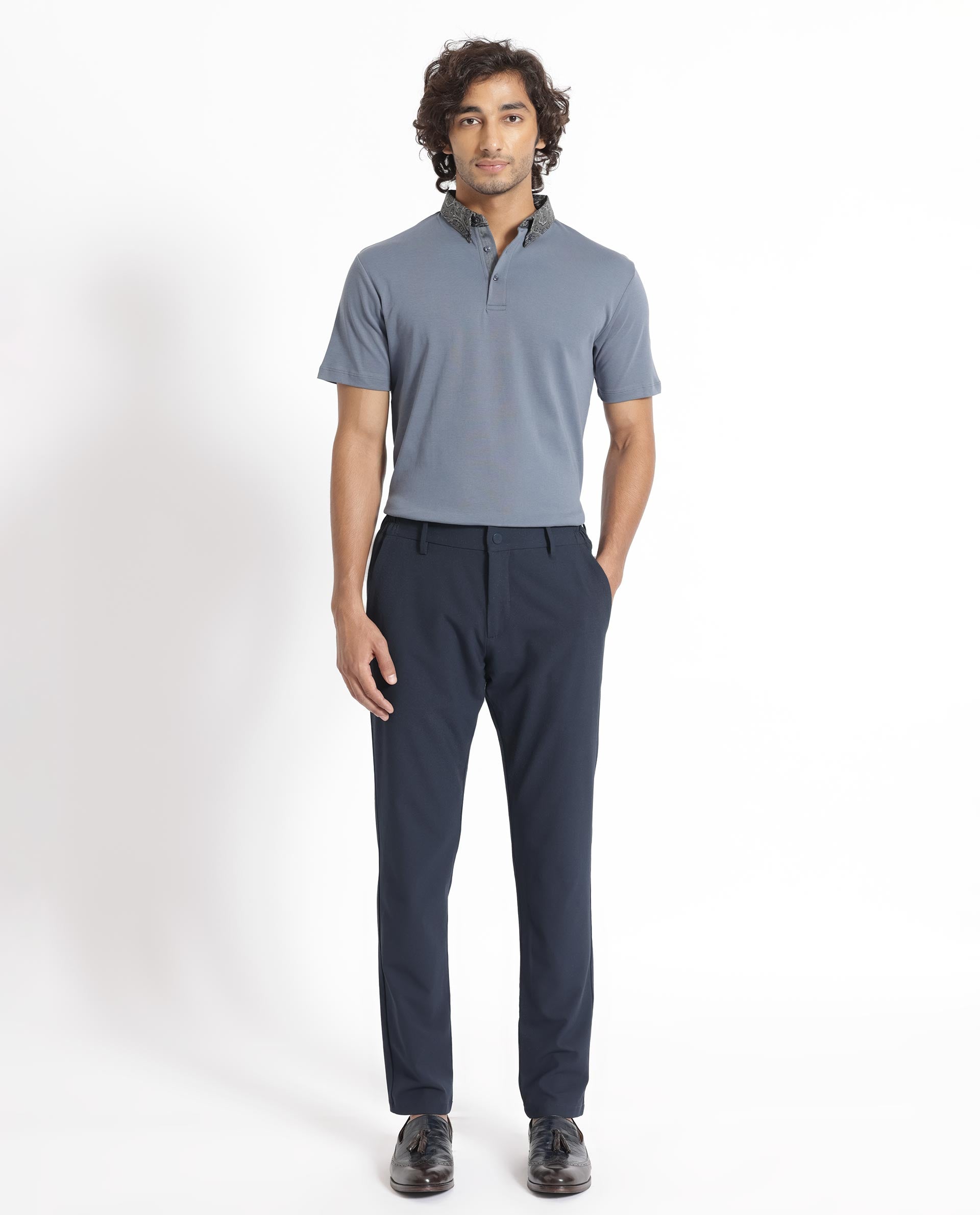 Rare Rabbit Men's Ringer-1 Grey Cotton Fabric Printed Collar Neck Half Sleeves Polo T-Shirt - view 2