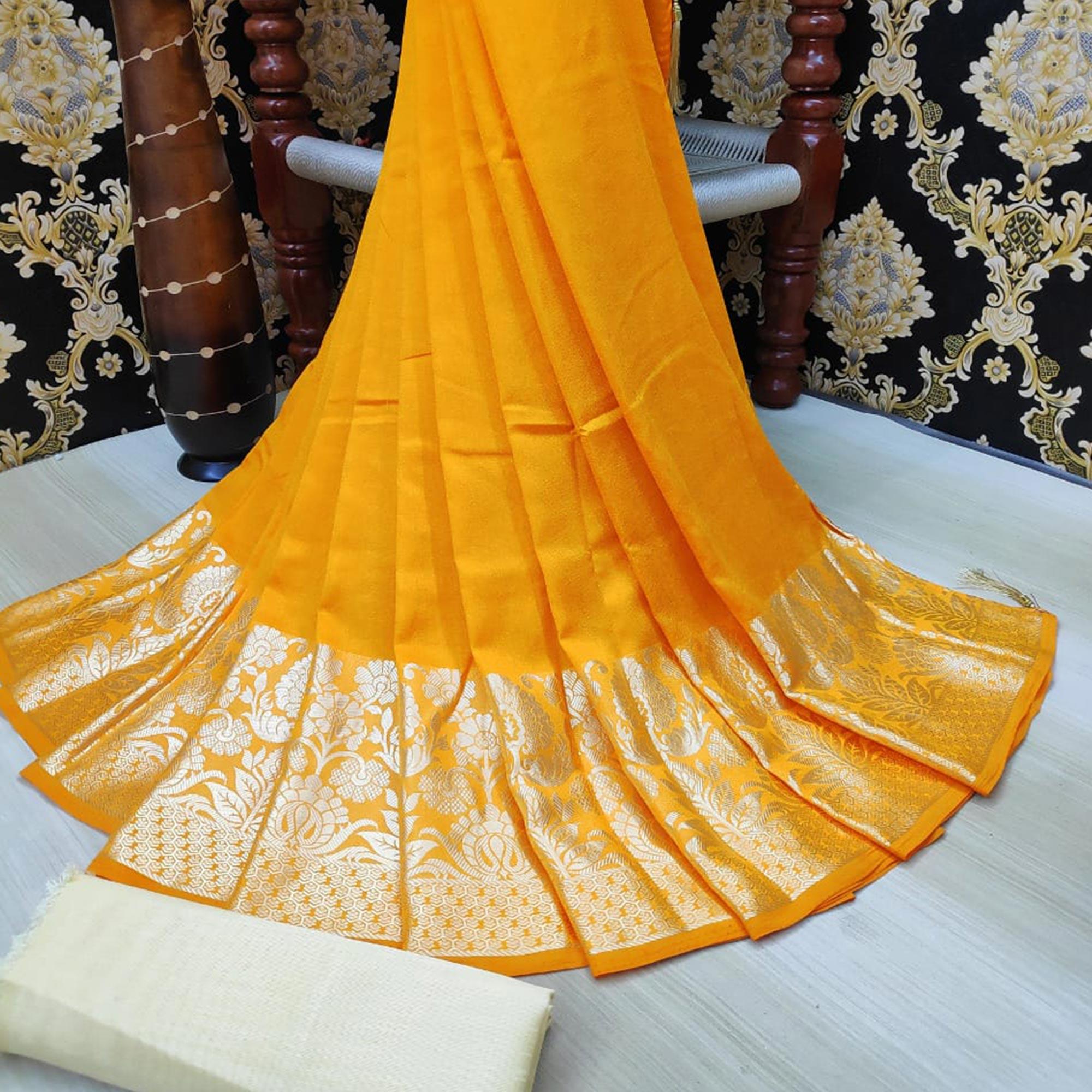 Peachmode Dazzling Mustard Yellow Colored Festive Wear Woven Vichitra Silk Saree