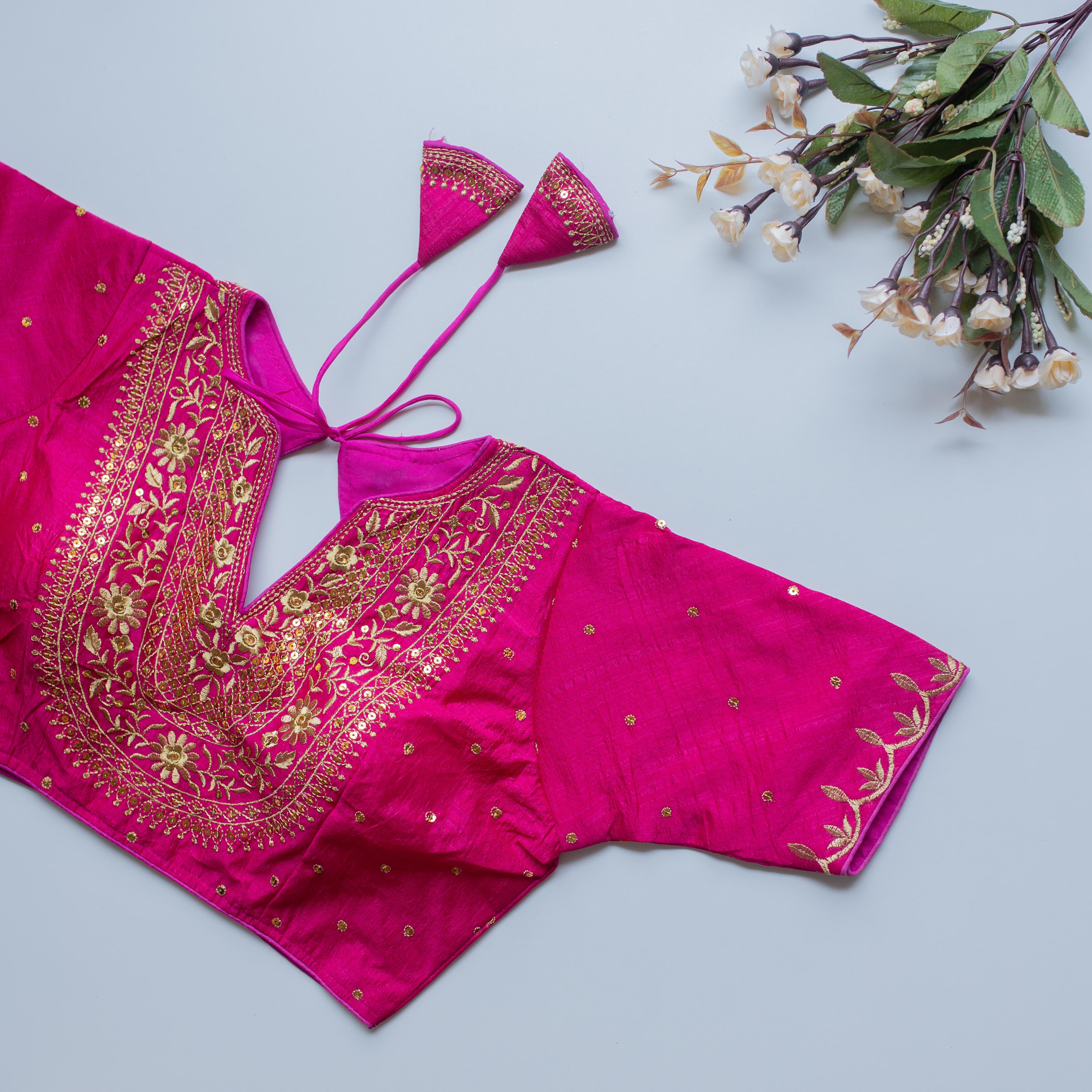 ClothsVilla Meganta Olive Silk Blouse with Golden Embroidery and Sequence Accents