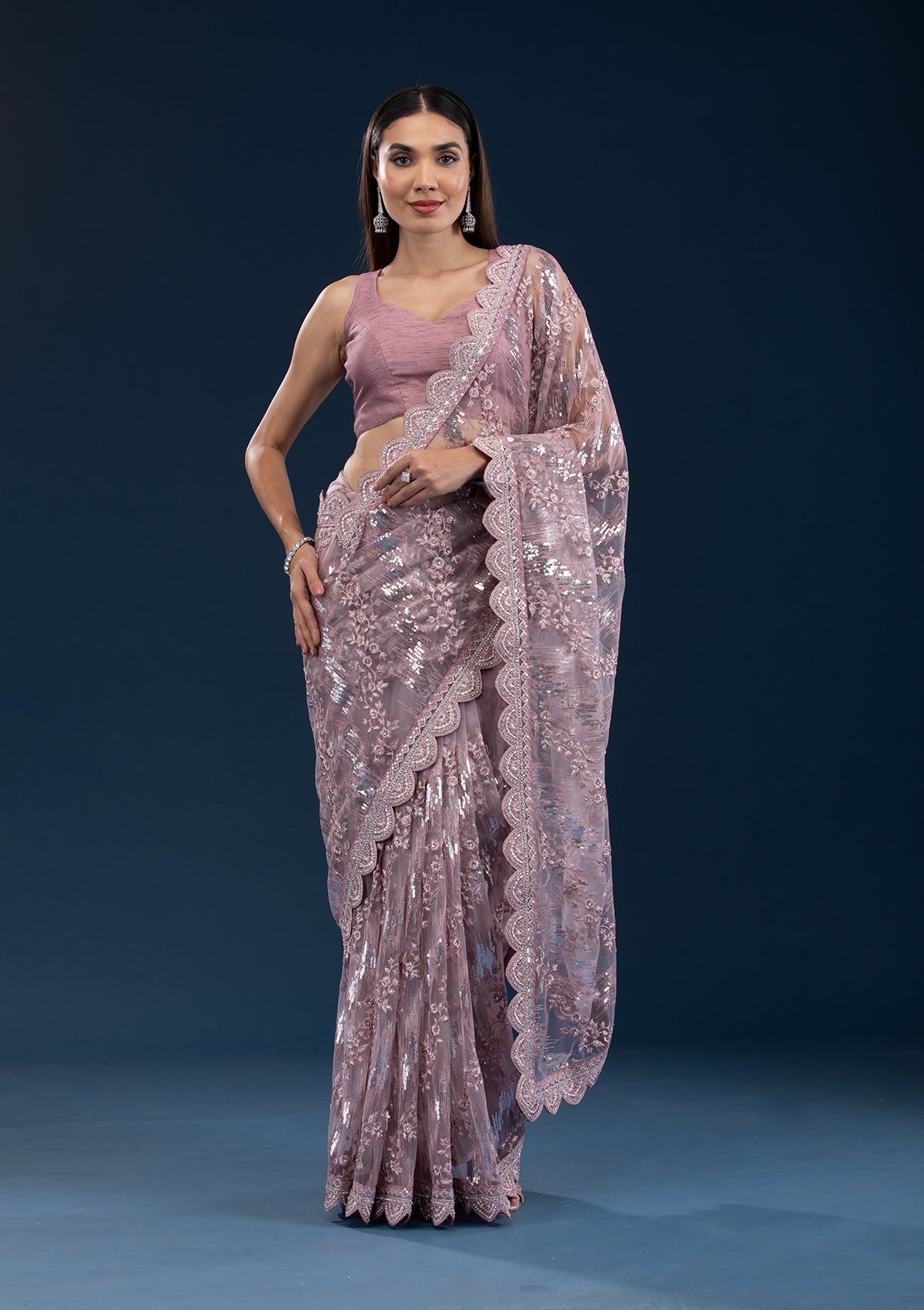 Koskii Onion Pink Sequins Net Saree – Women's