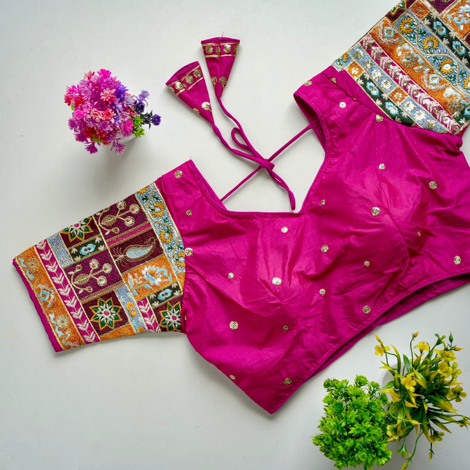 ClothsVilla Pink Golden Embroidered Seoul Silk Blouse with Sequins - view 2