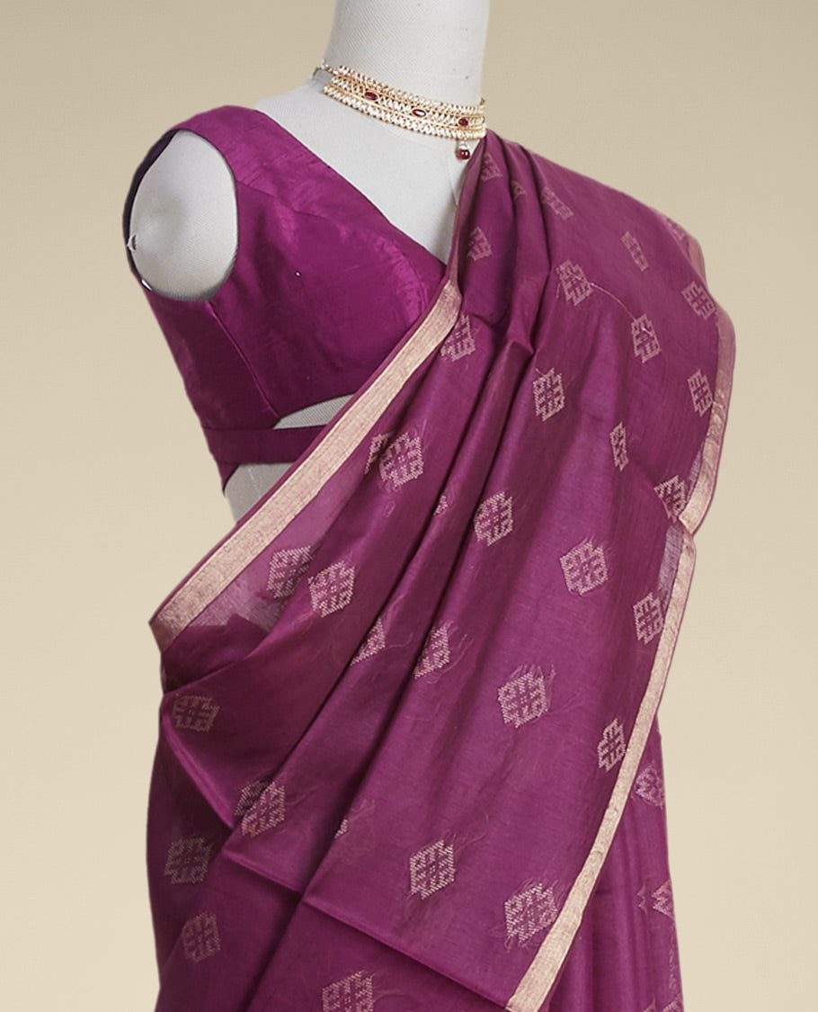 Pothys Purple geometric motifs tussar silk saree with self zari border