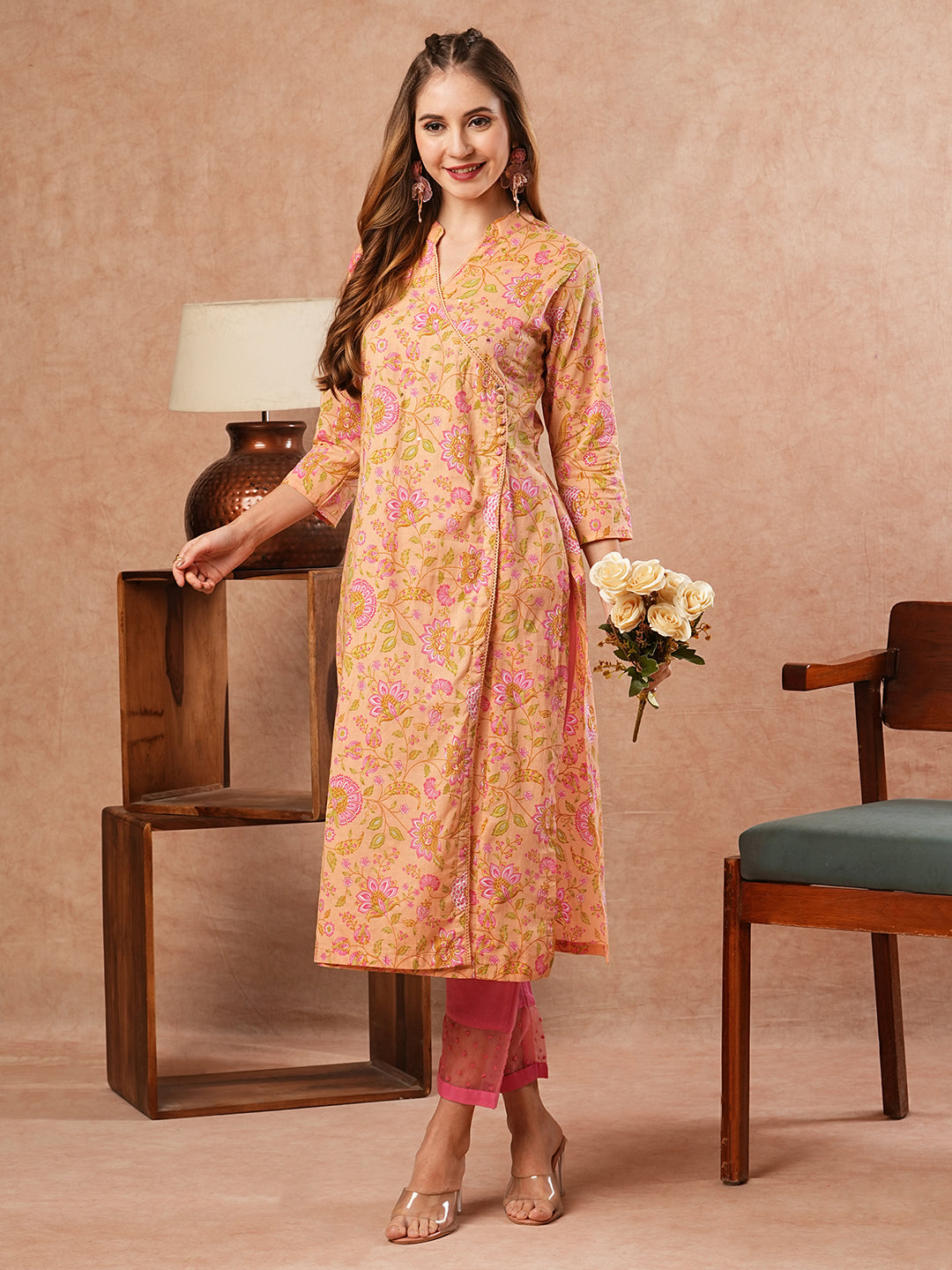 Fashor Floral Printed Sequins & Crochet Lace Embellished Angrakha Style Kurta - Peach & Multi