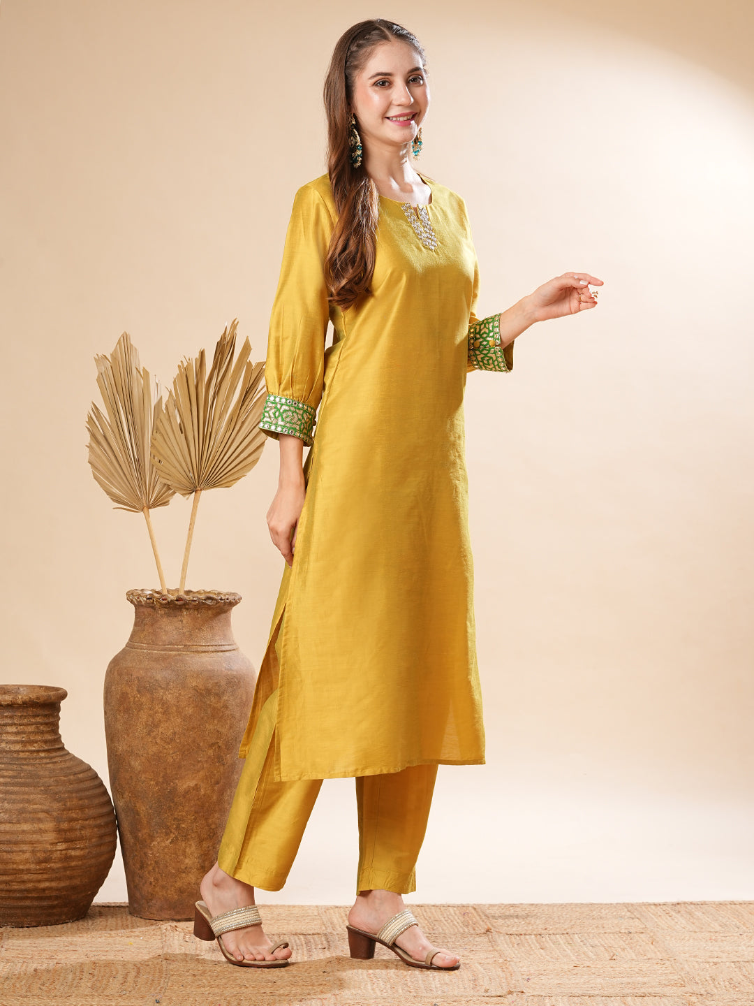 Fashor Solid Two-Toned Mirror, Zari & Applique Embroidered Kurta with Pants Set - Yellow - view 5