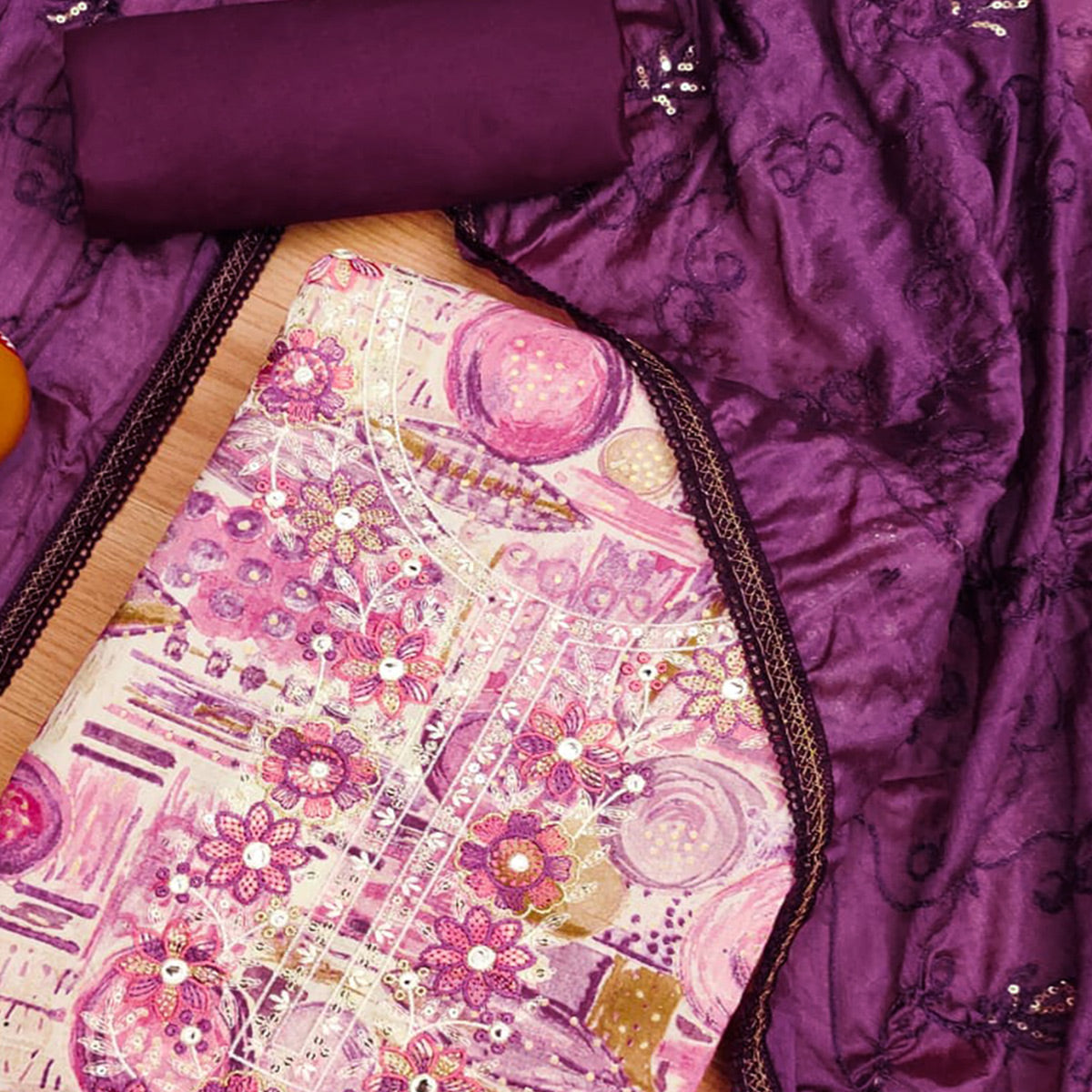 Peachmode Magenta Foil Printed Pure Cotton Dress Material - view 2