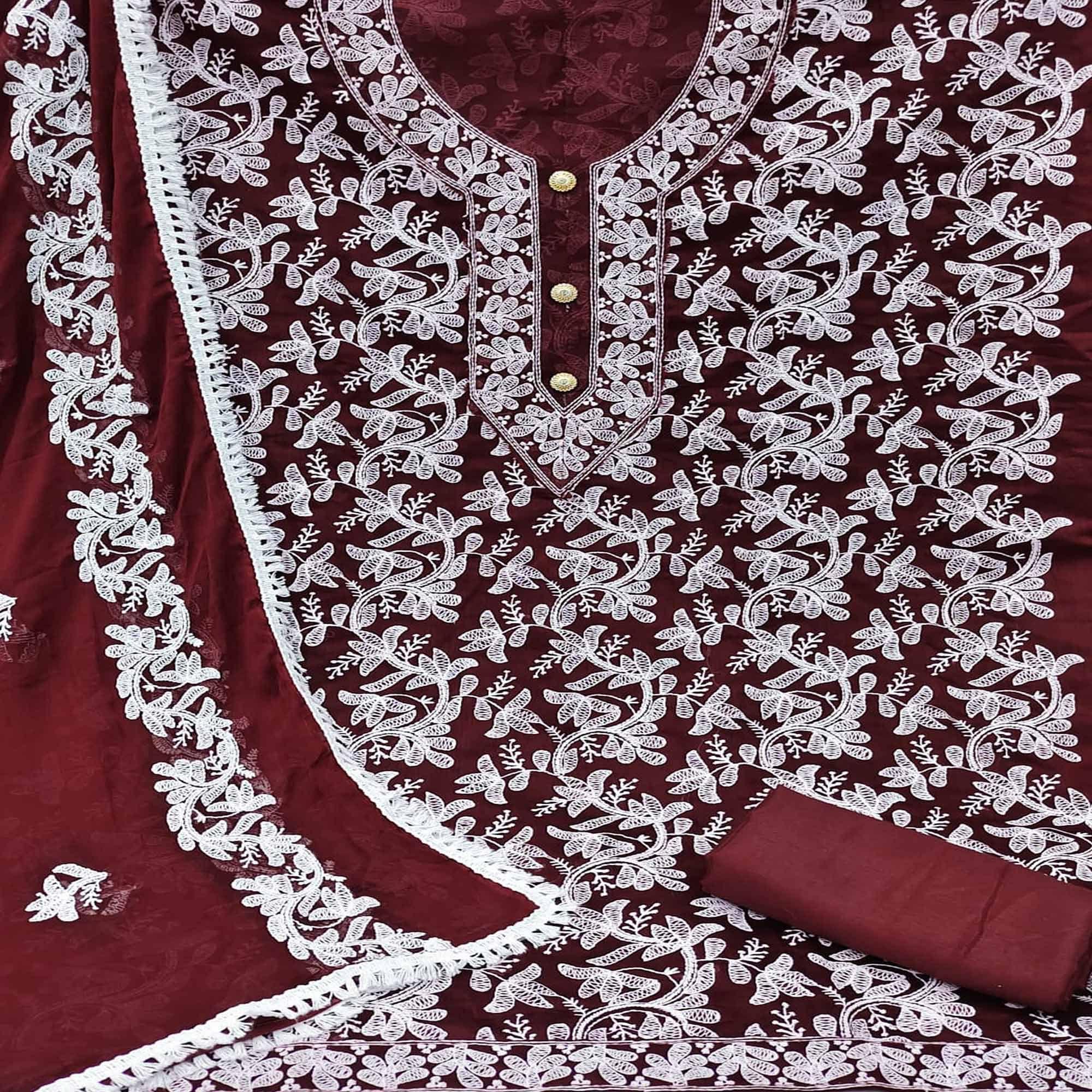 Peachmode Maroon Lucknowi Embroidered Modal Dress Material - view 3
