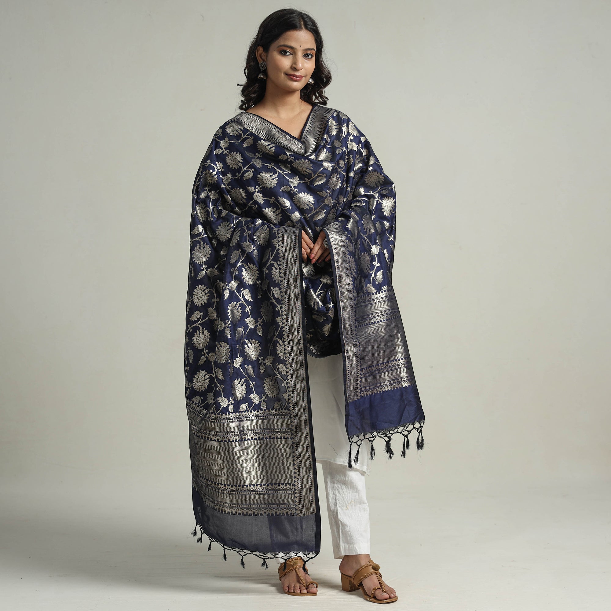 BANARASI BY MAQBUL HASAN Blue - Banarasi Semi Silk Zari Jaal Dupatta with Tassels 11 - view 2