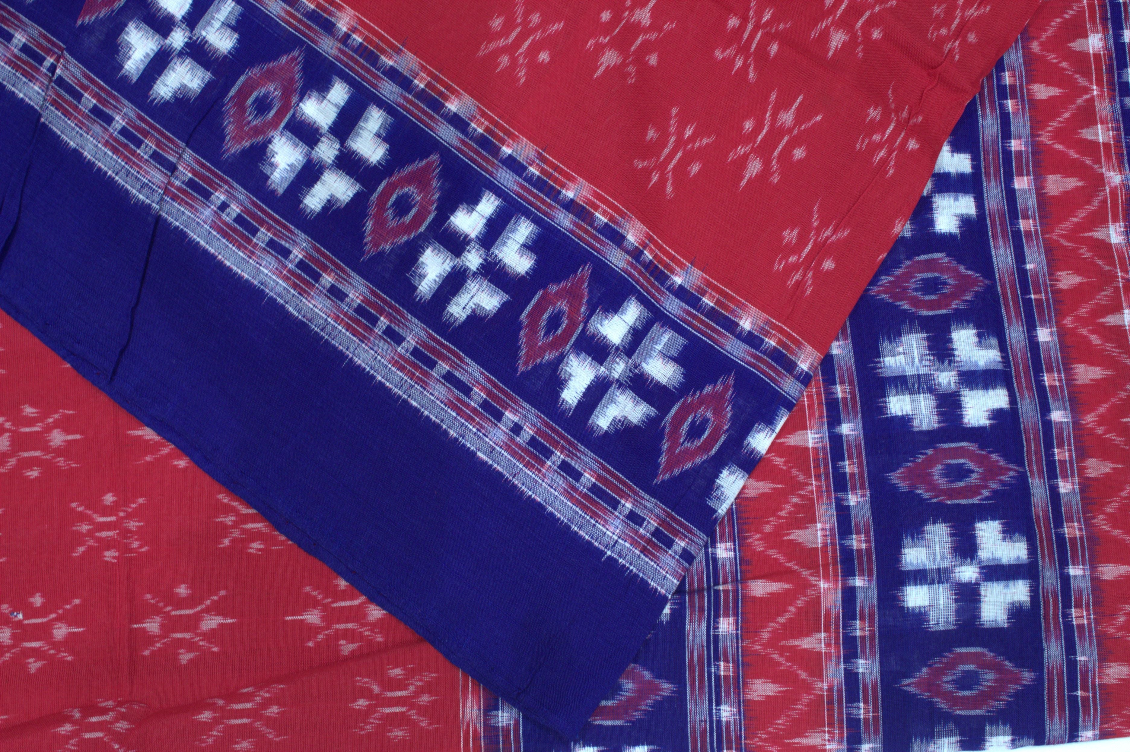 IndianVillèz Red With Blue Pasapalli & Devil Eye Design Sambalpuri Cotton Fabric - view 2
