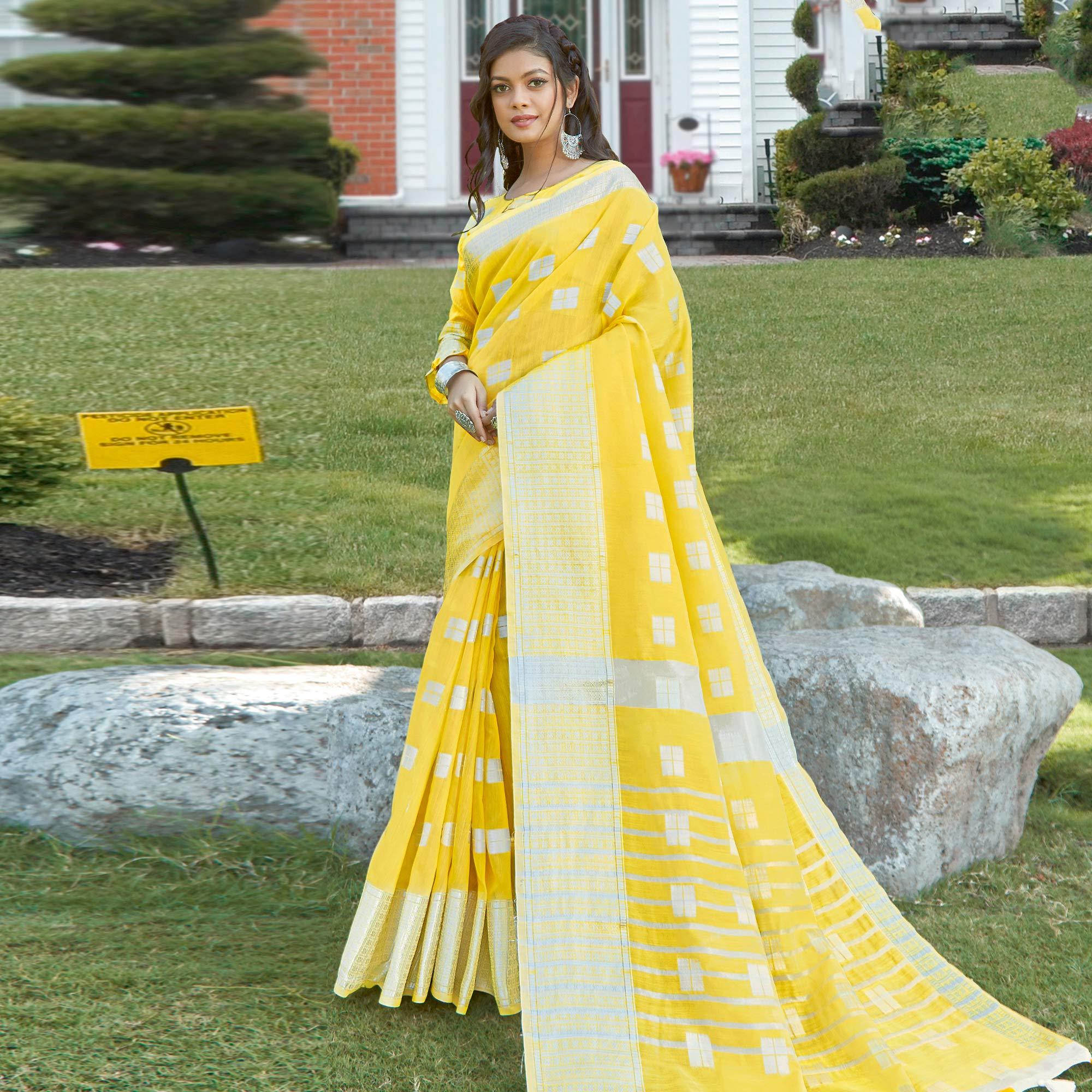 Peachmode Imposing Yellow Colored Festive Wear Woven Linen Cotton Sareee
