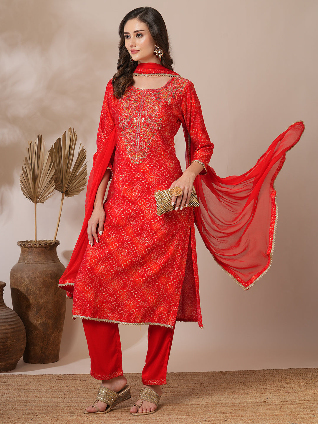 FASHOR Bandhani Printed & Embroidered Straight Fit Kurta with Pant & Dupatta - Red