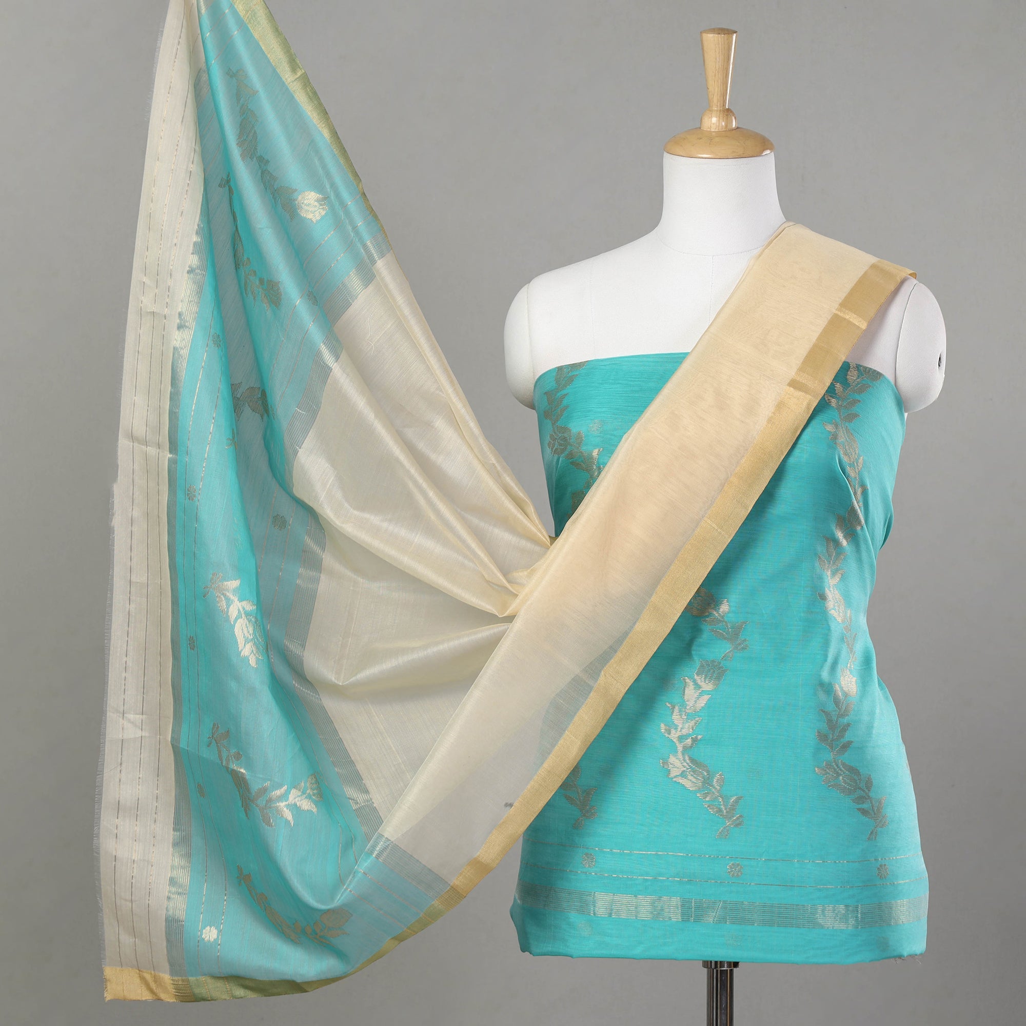 CHANDERI BY RAUPH KHAN Green - 3pc Chanderi Silk Cotton Handloom Flower Zari Buta Suit Material Set