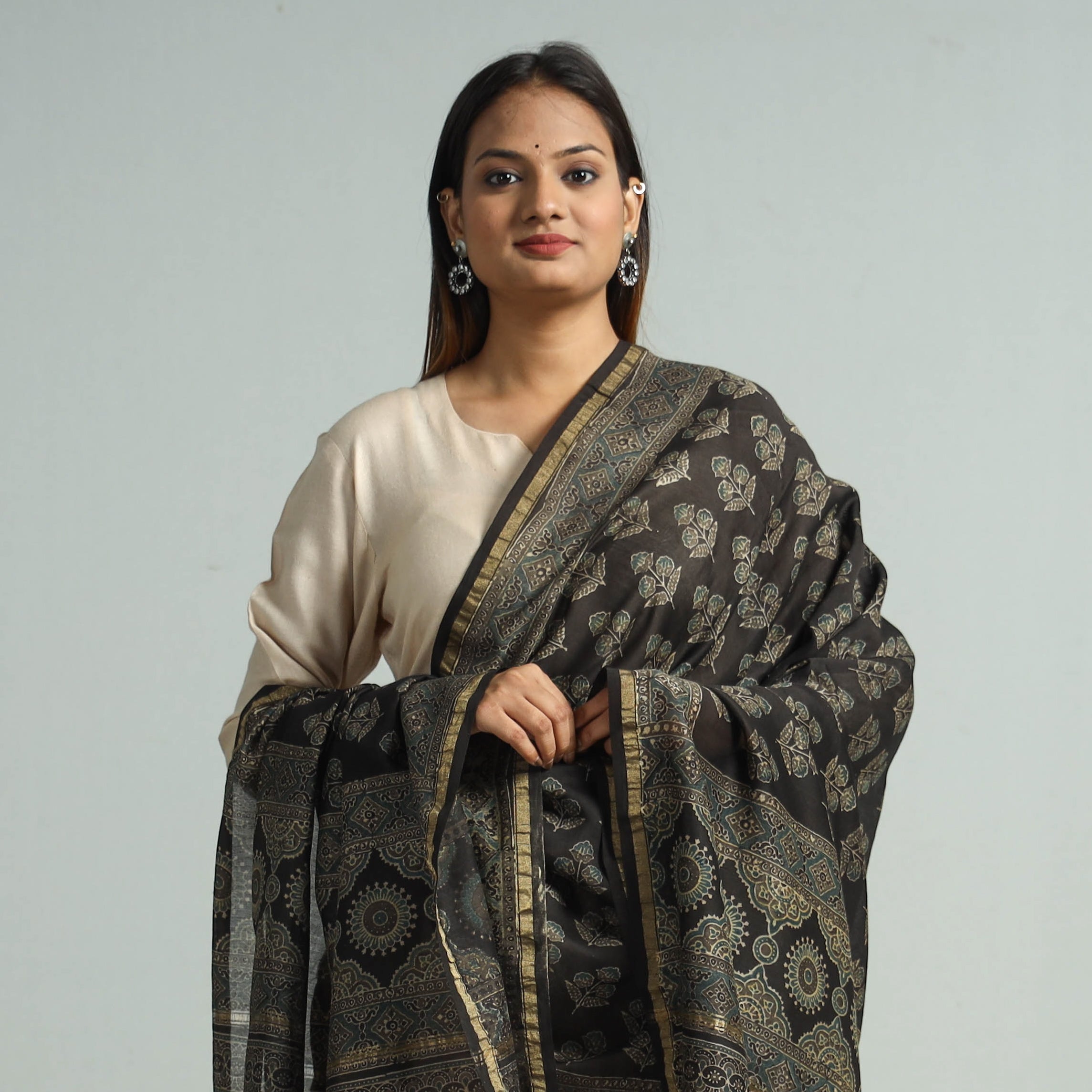 KACHCHH JI CHHAAP Black - Hand Block Print Chanderi Silk Ajrakh Dupatta 73 - view 3