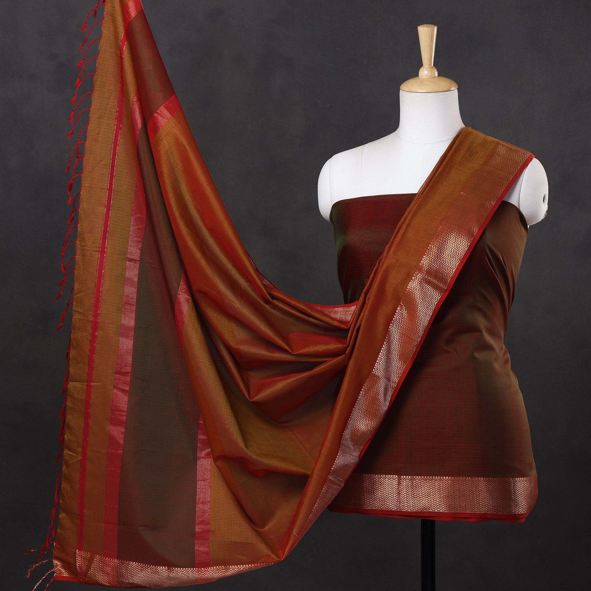 ITOKRI CRAFTS INITIATIVE Brown - 2pc Maheshwari Silk Handloom Suit Material Set with Zari Border