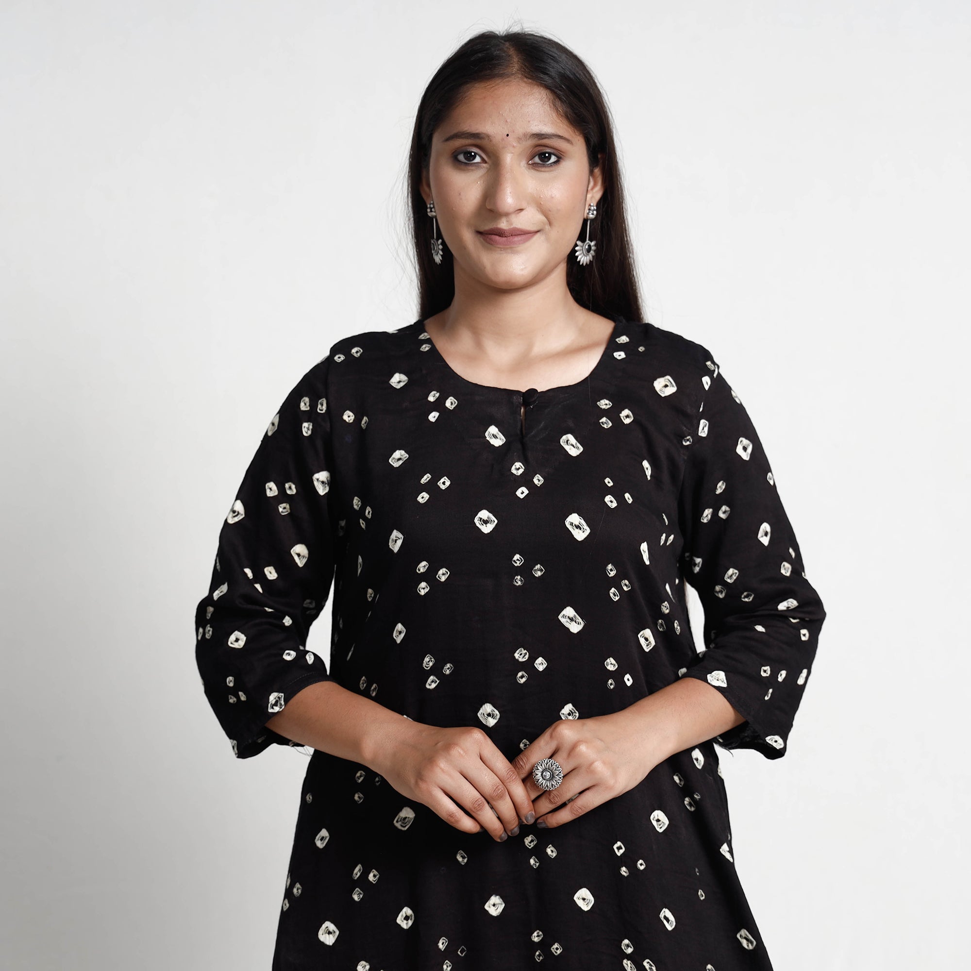 ITOKRI CASUALS Black - Bandhani Tie-Dye Cotton A-Line Kurta